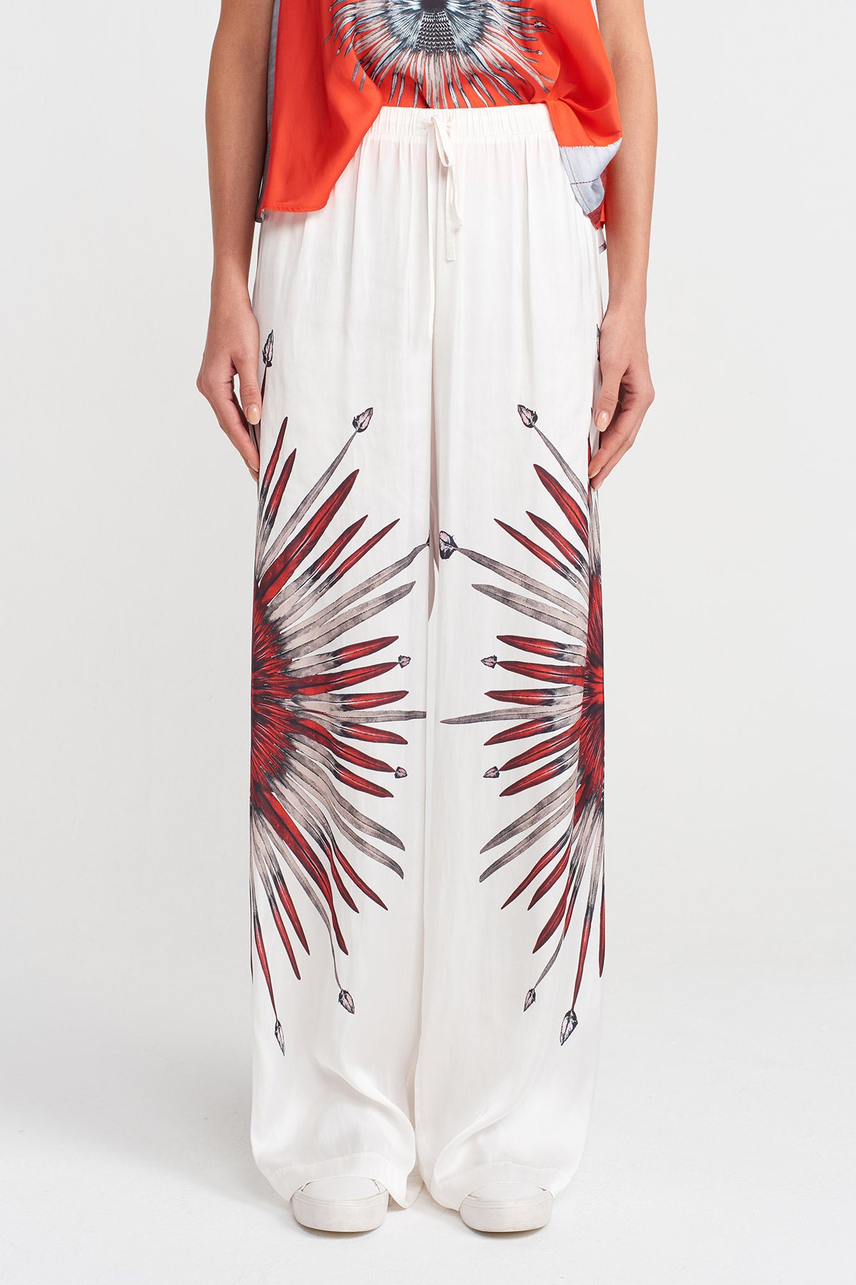 Off White Patterned Satin Trousers-Y253013081