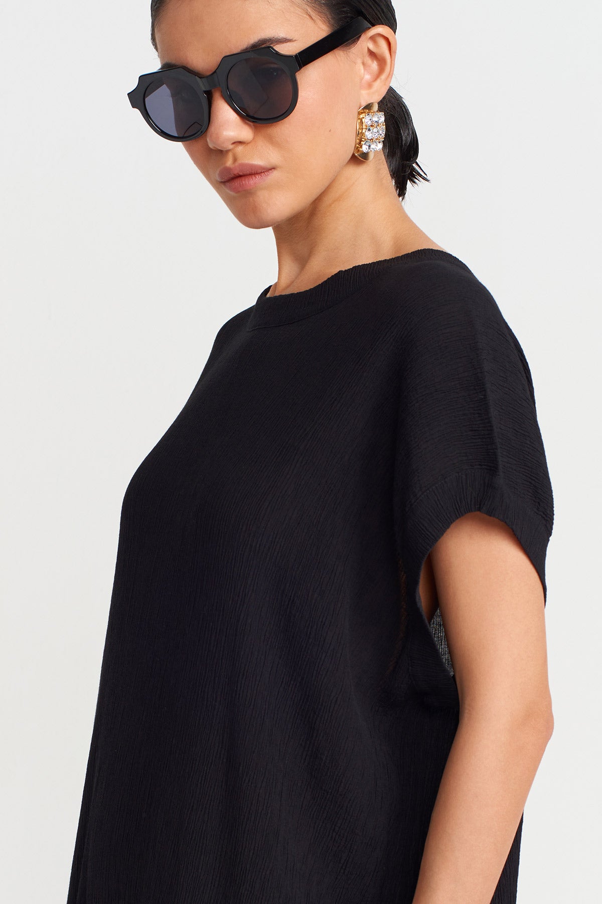 Siyah Krinkıl Kumaş Elbise-Y254014108