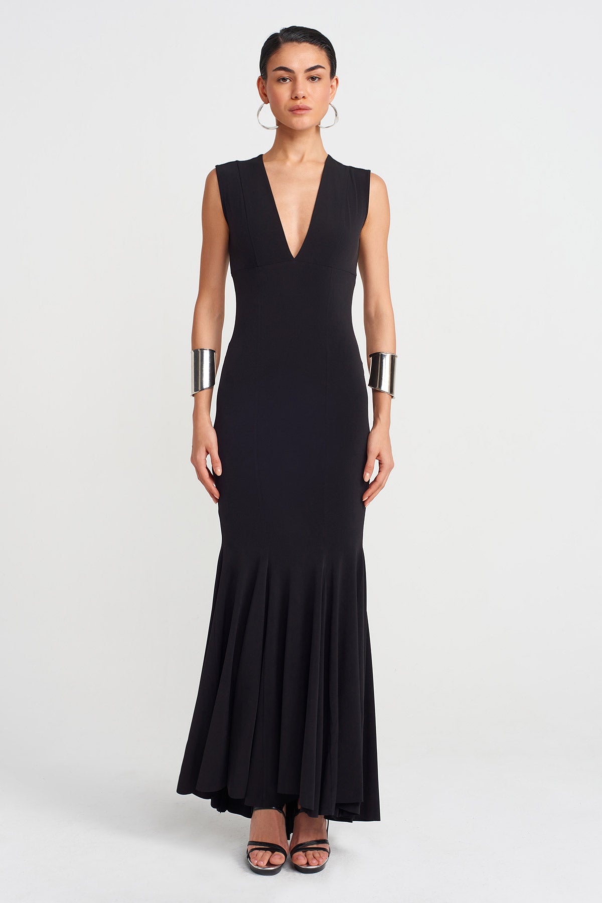 Black V Neck Fitted Jersey Dress-Y254014131