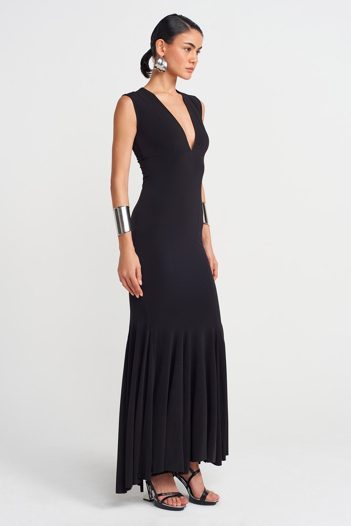 Black V Neck Fitted Jersey Dress-Y254014131