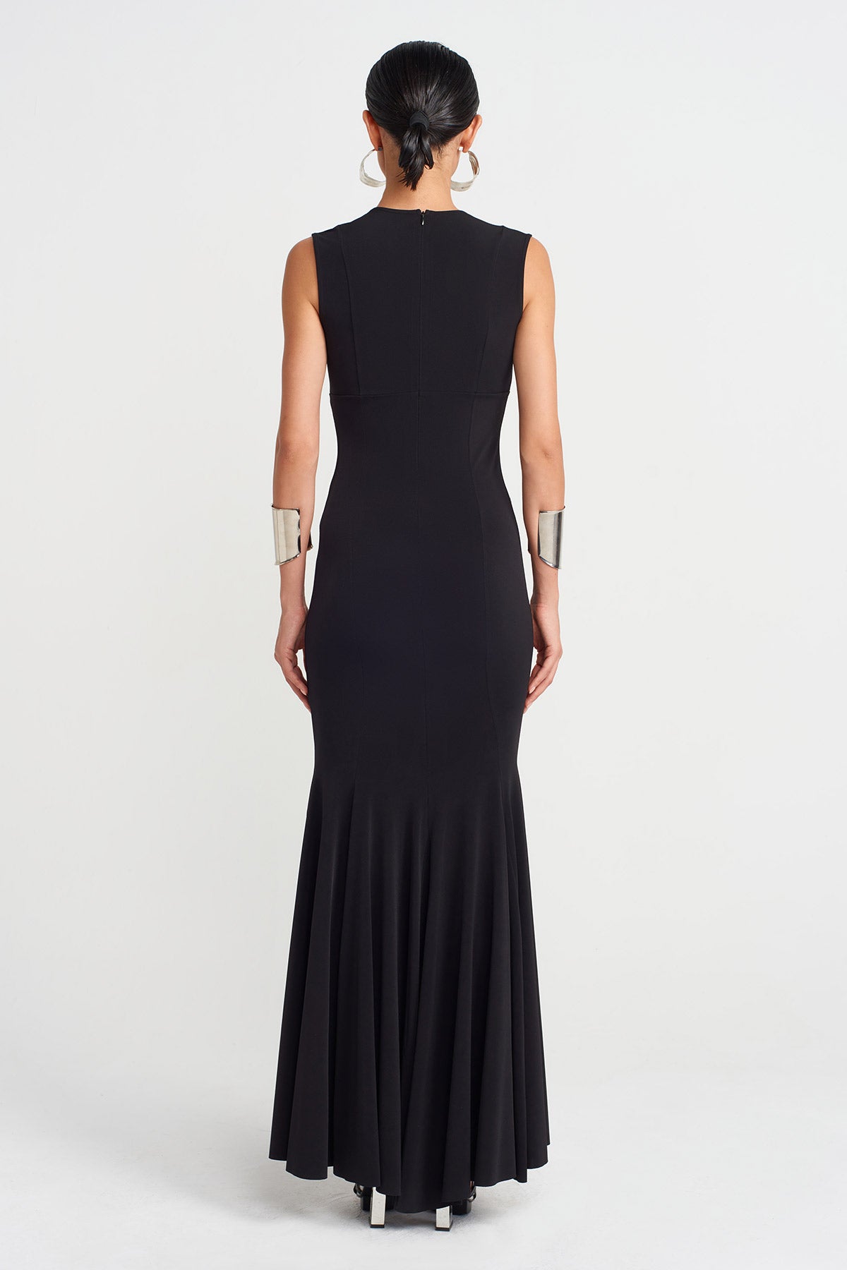 Siyah V Yaka Bedene Oturan Jarse Elbise-Y254014131