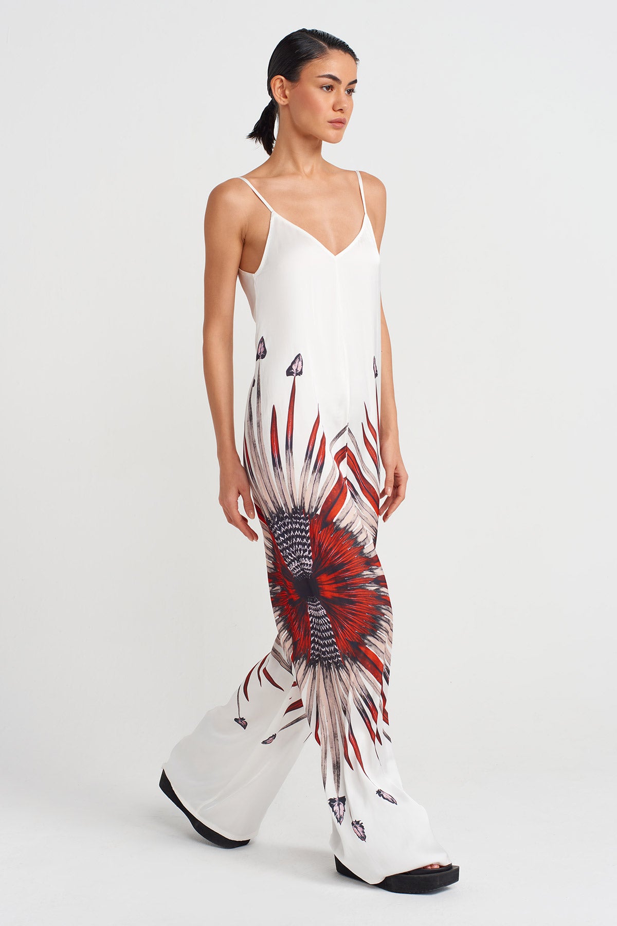 Off White Patterned Thin Strap Jumpsuit-Y254014138
