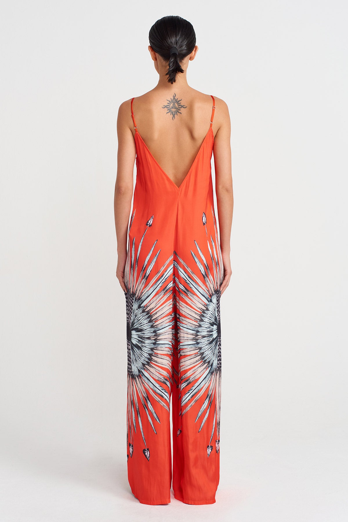 Red Patterned Thin Strap Jumpsuit-Y254014138