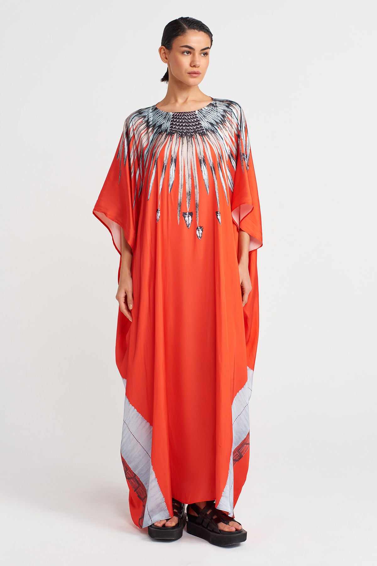 Kırmızı Desenli Saten Kaftan Elbise-Y254014139