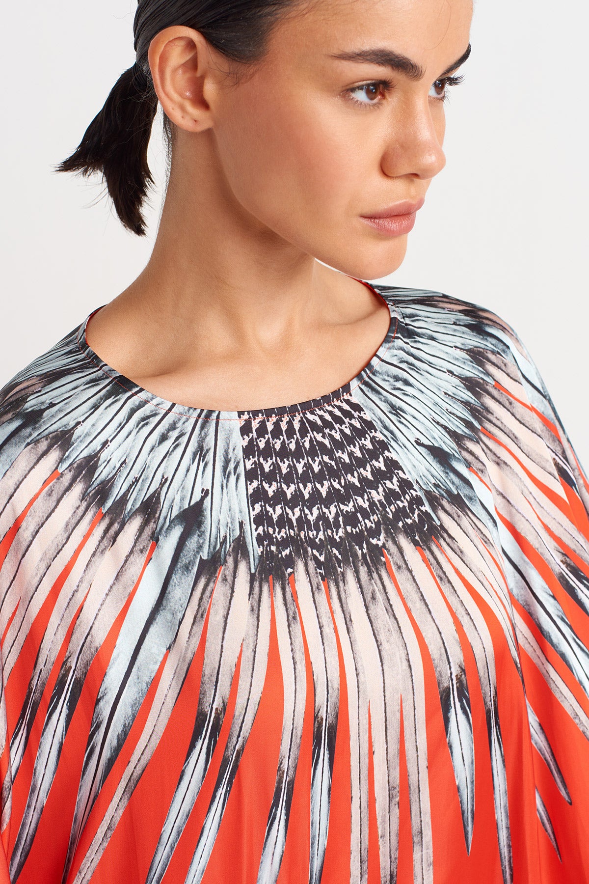 Kırmızı Desenli Saten Kaftan Elbise-Y254014139