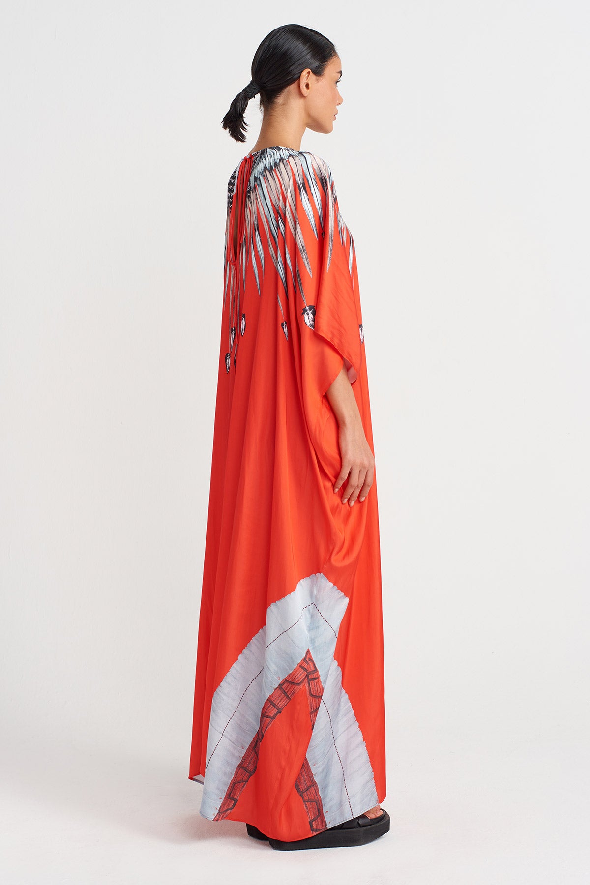 Kırmızı Desenli Saten Kaftan Elbise-Y254014139