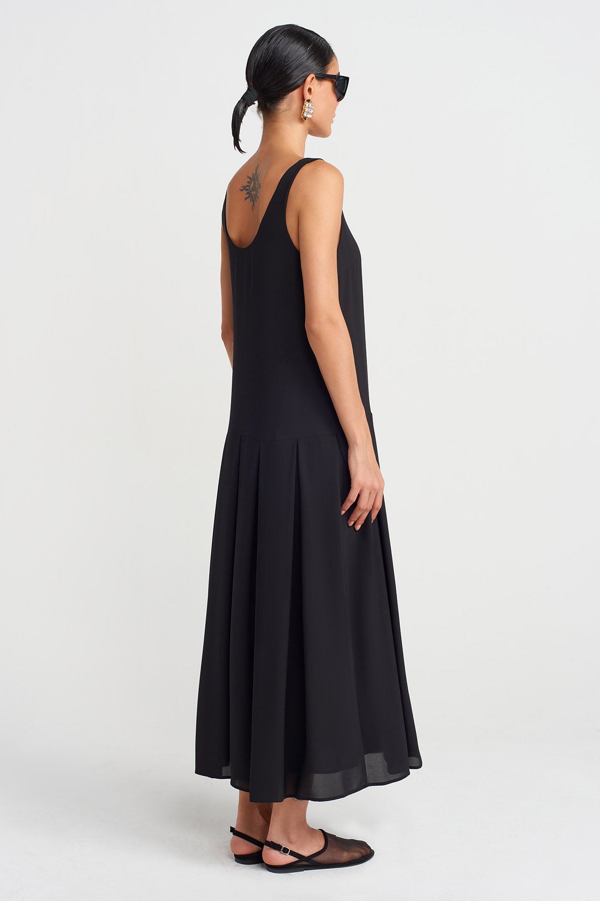 Siyah Kalın Askılı Şifon Elbise-Y254014145