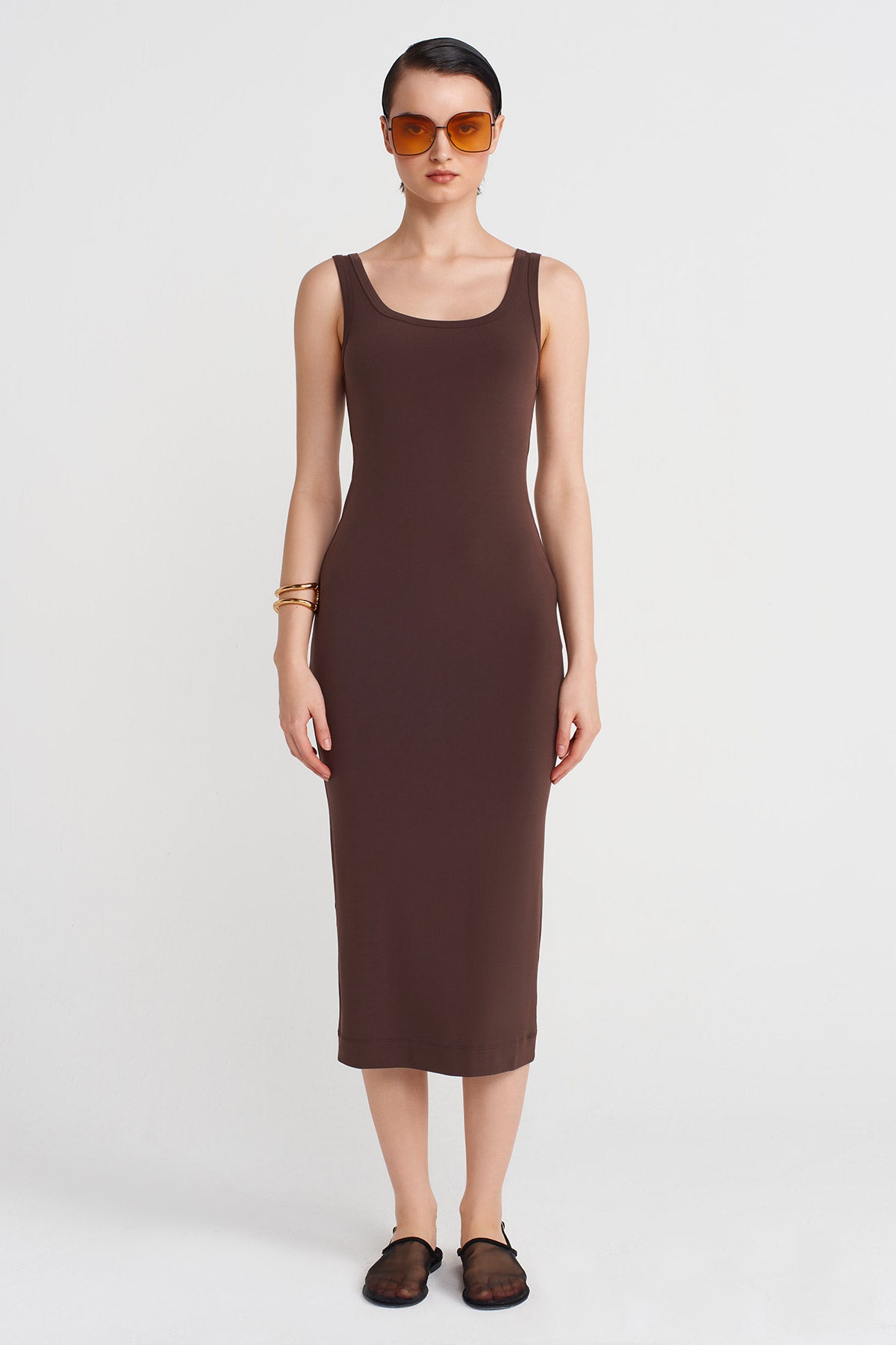 Brown Tight Jersey Dress-Y254014188