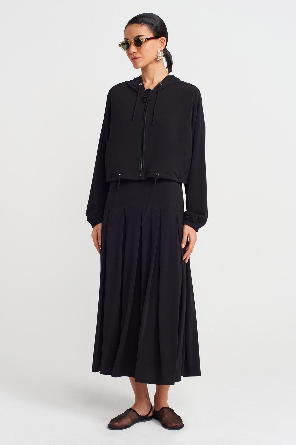 Siyah Kapişonlu Jarse Bomber-Y255015082