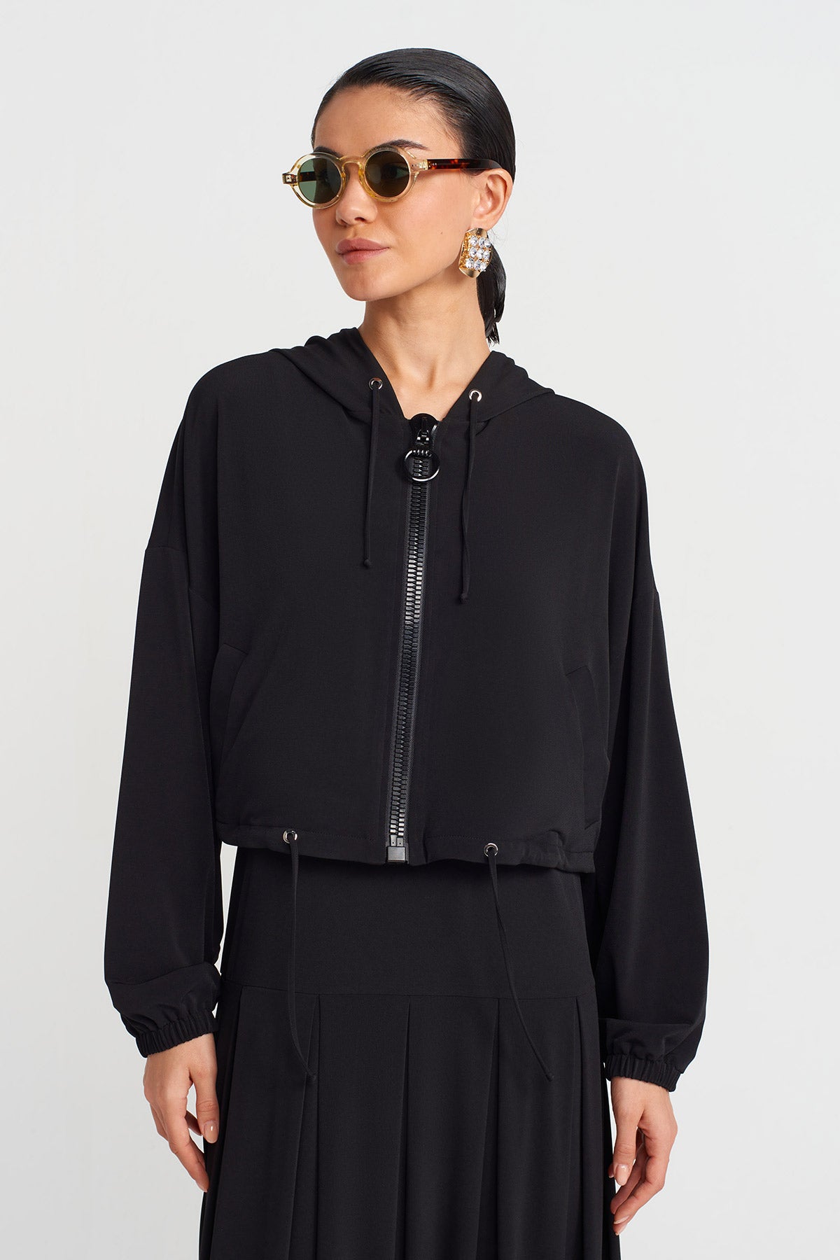 Siyah Kapişonlu Jarse Bomber-Y255015082