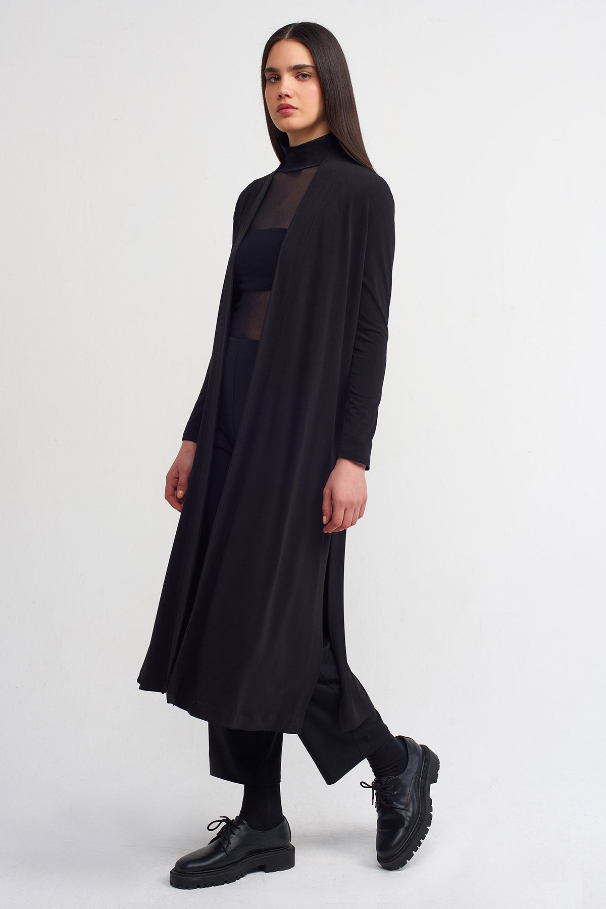 Black Long Jersey Cardigan-Y255015083