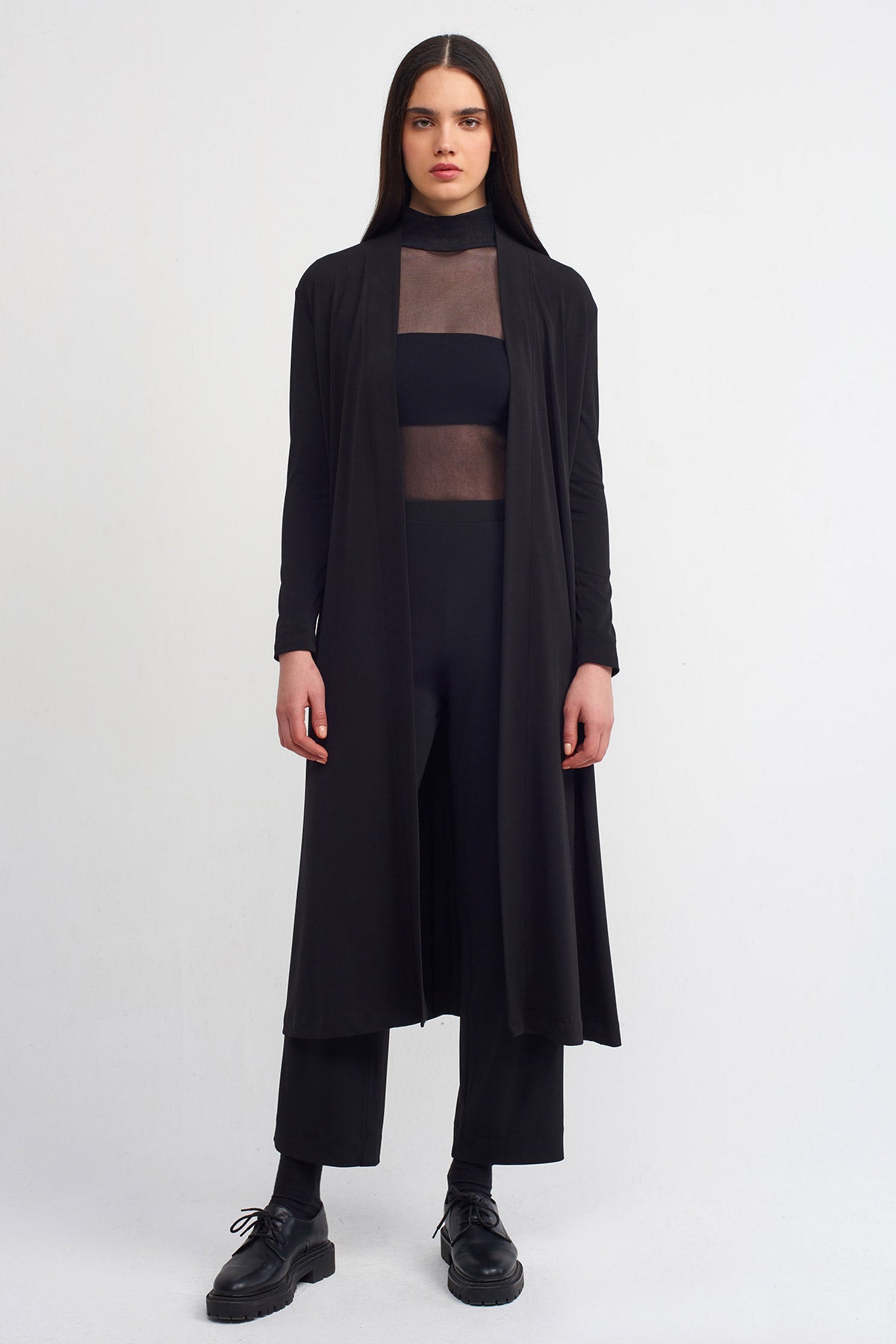 Black Long Jersey Cardigan-Y255015083