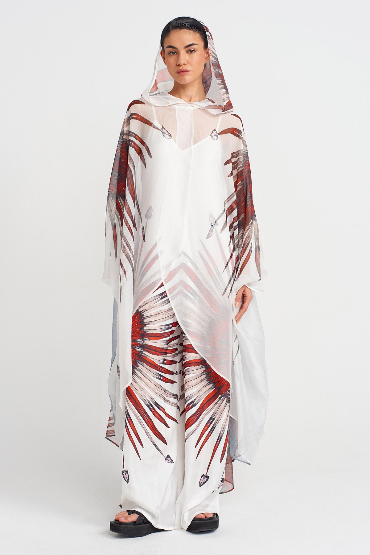 Off White Patterned Chiffon Cape-Y255015089