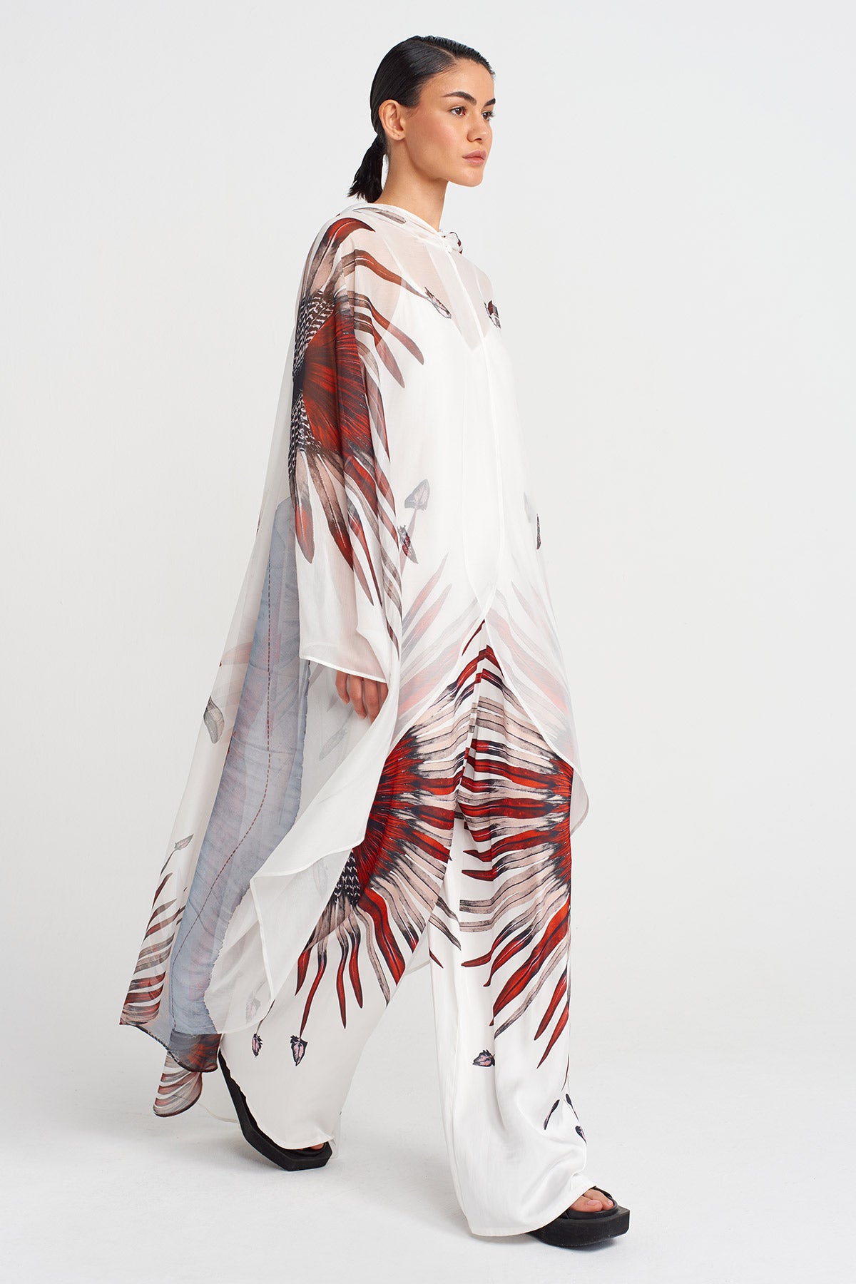 Off White Patterned Chiffon Cape-Y255015089