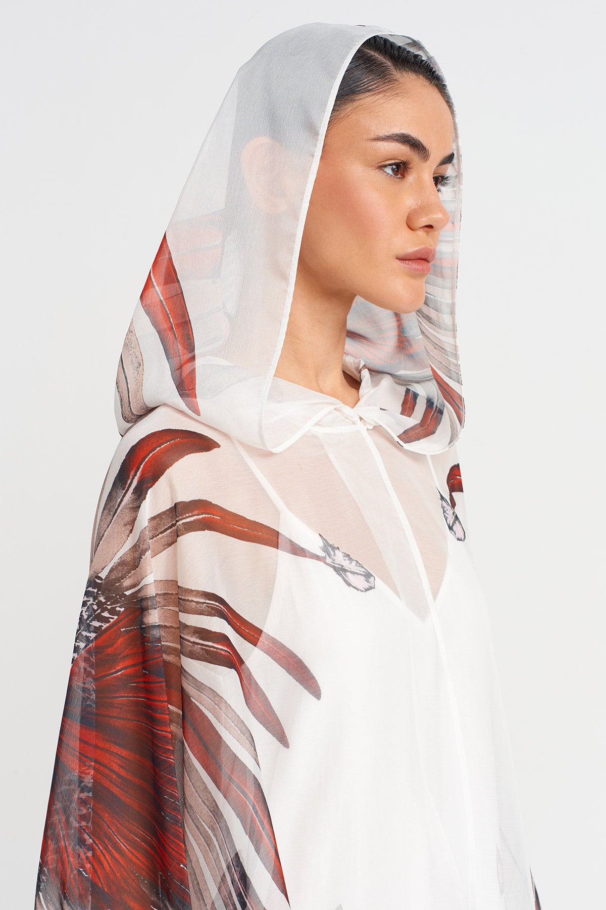 Off White Patterned Chiffon Cape-Y255015089