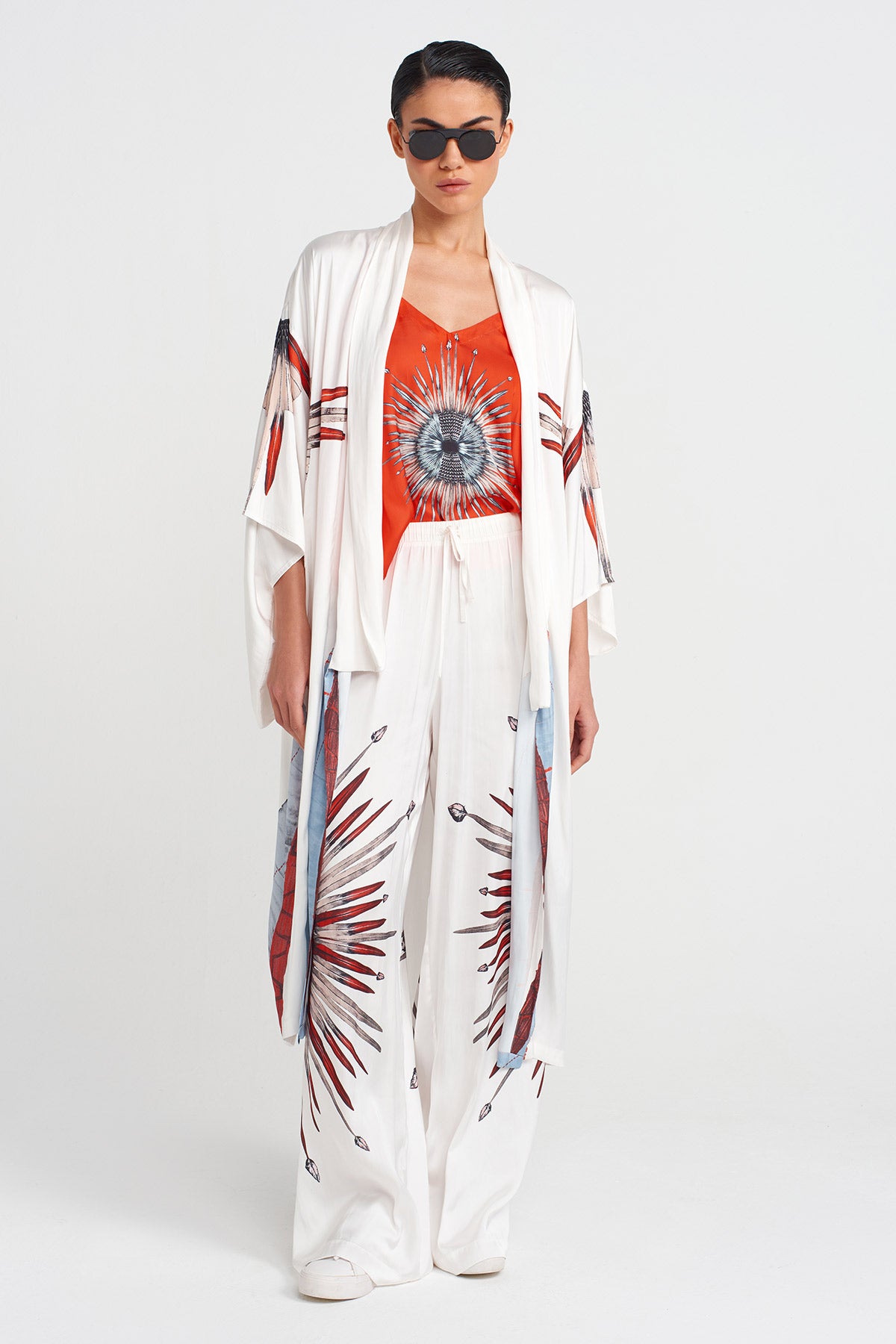 Off White Patterned Long Kimono-Y255015090
