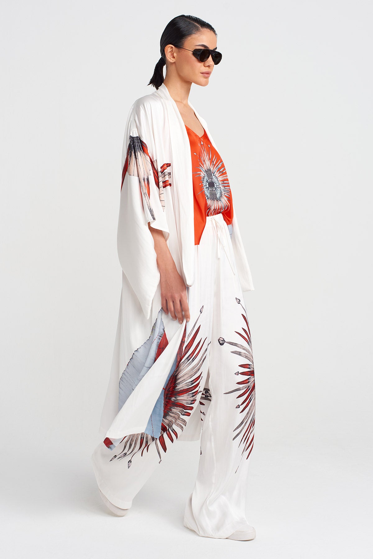 Off White Patterned Long Kimono-Y255015090