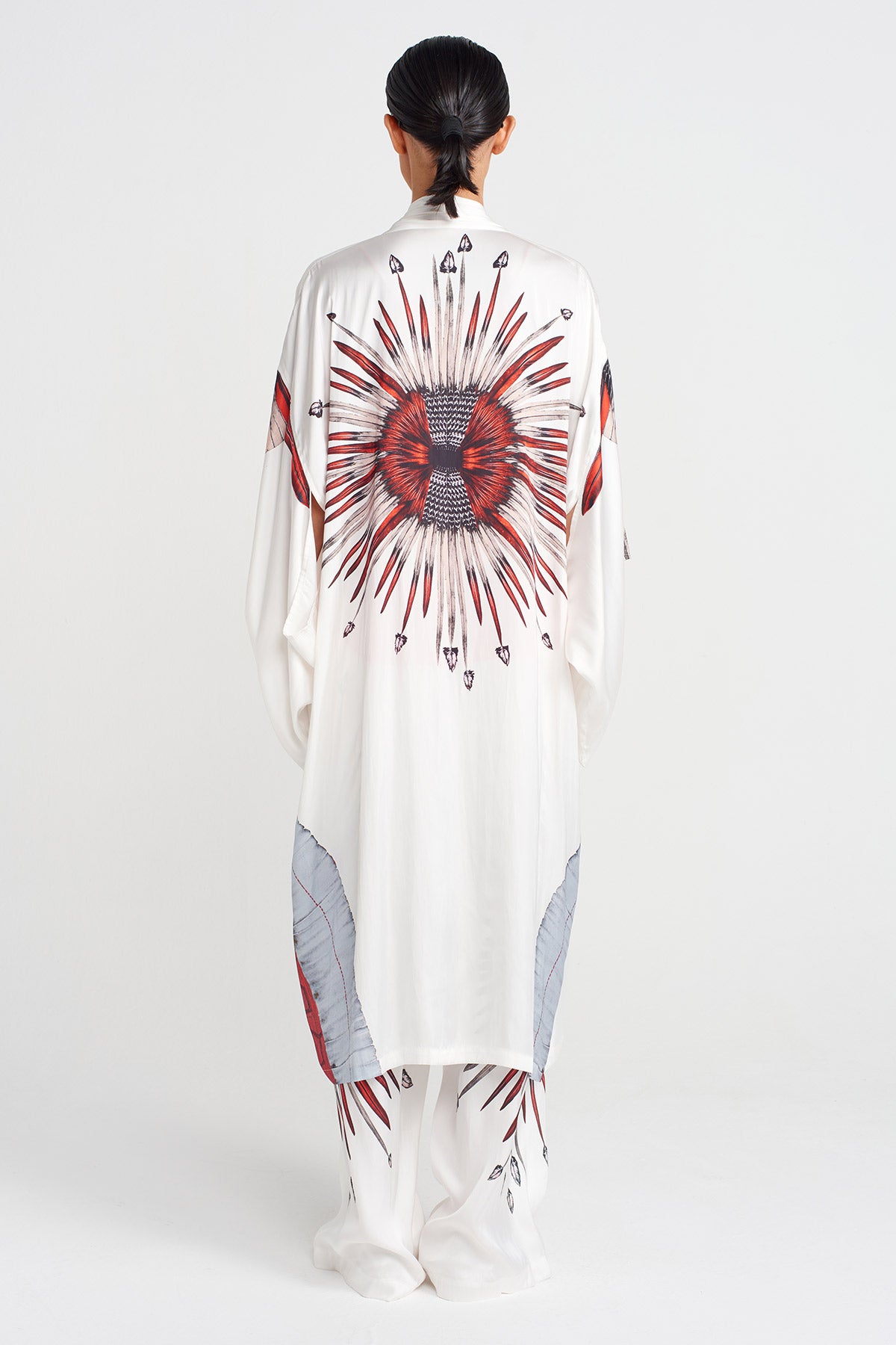 Off White Patterned Long Kimono-Y255015090