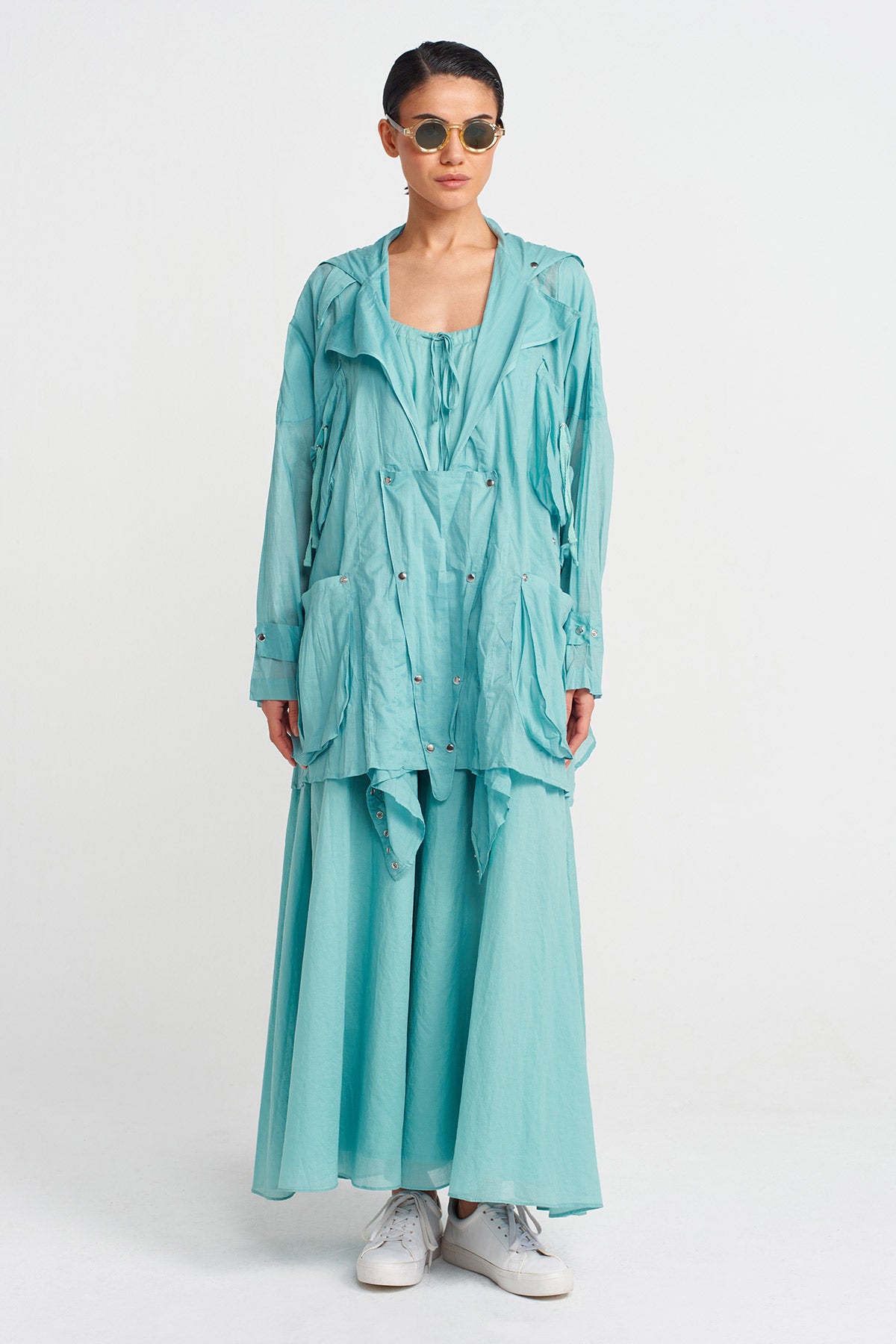 Turquoise Hooded Voile Jacket-Y255015091