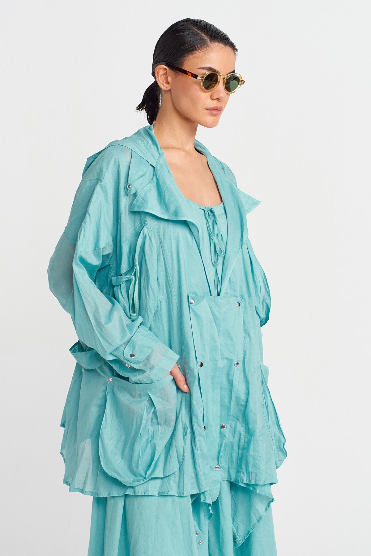 Turquoise Hooded Voile Jacket-Y255015091