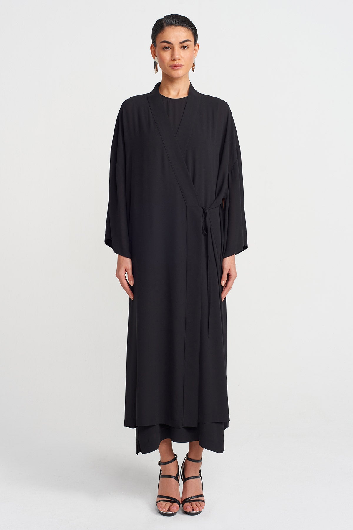 Black Side Tie Long Kimono-Y255015094
