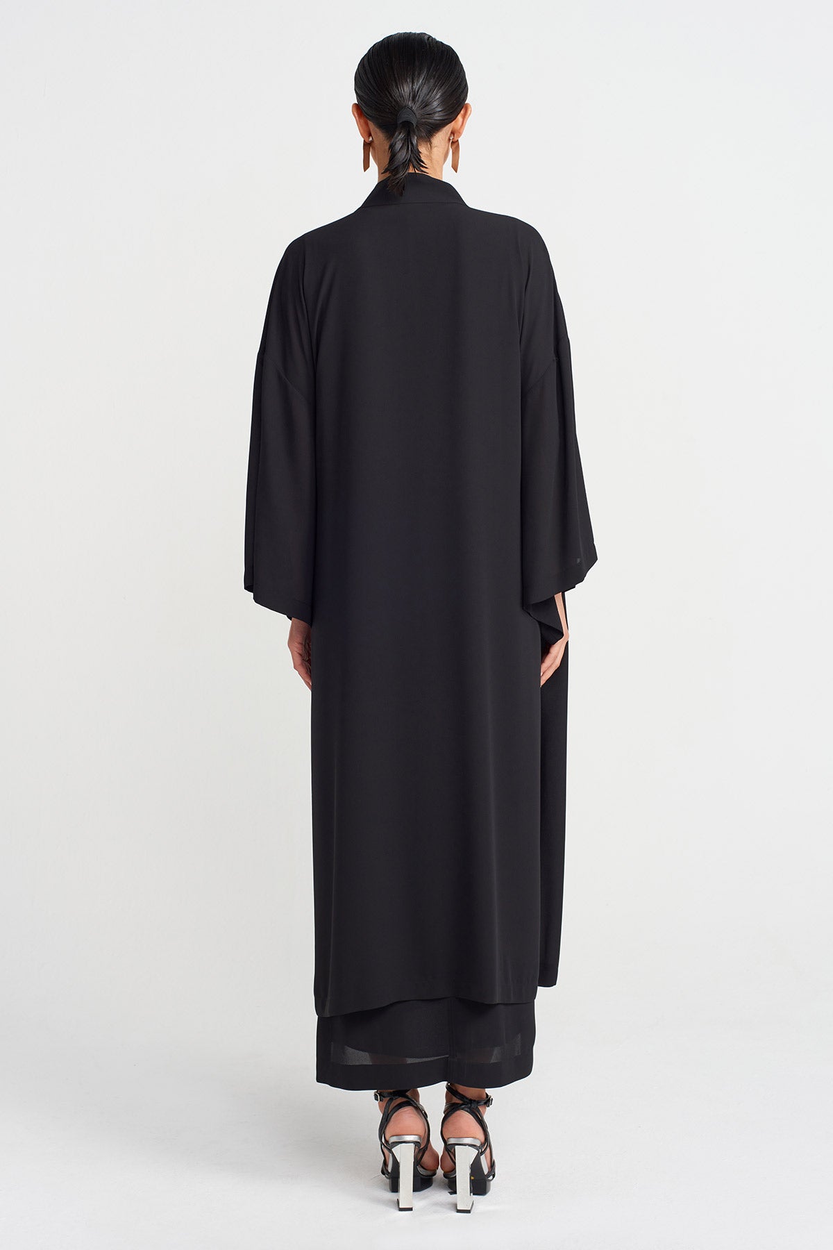 Siyah Yandan Bağlanır Uzun Kimono-Y255015094