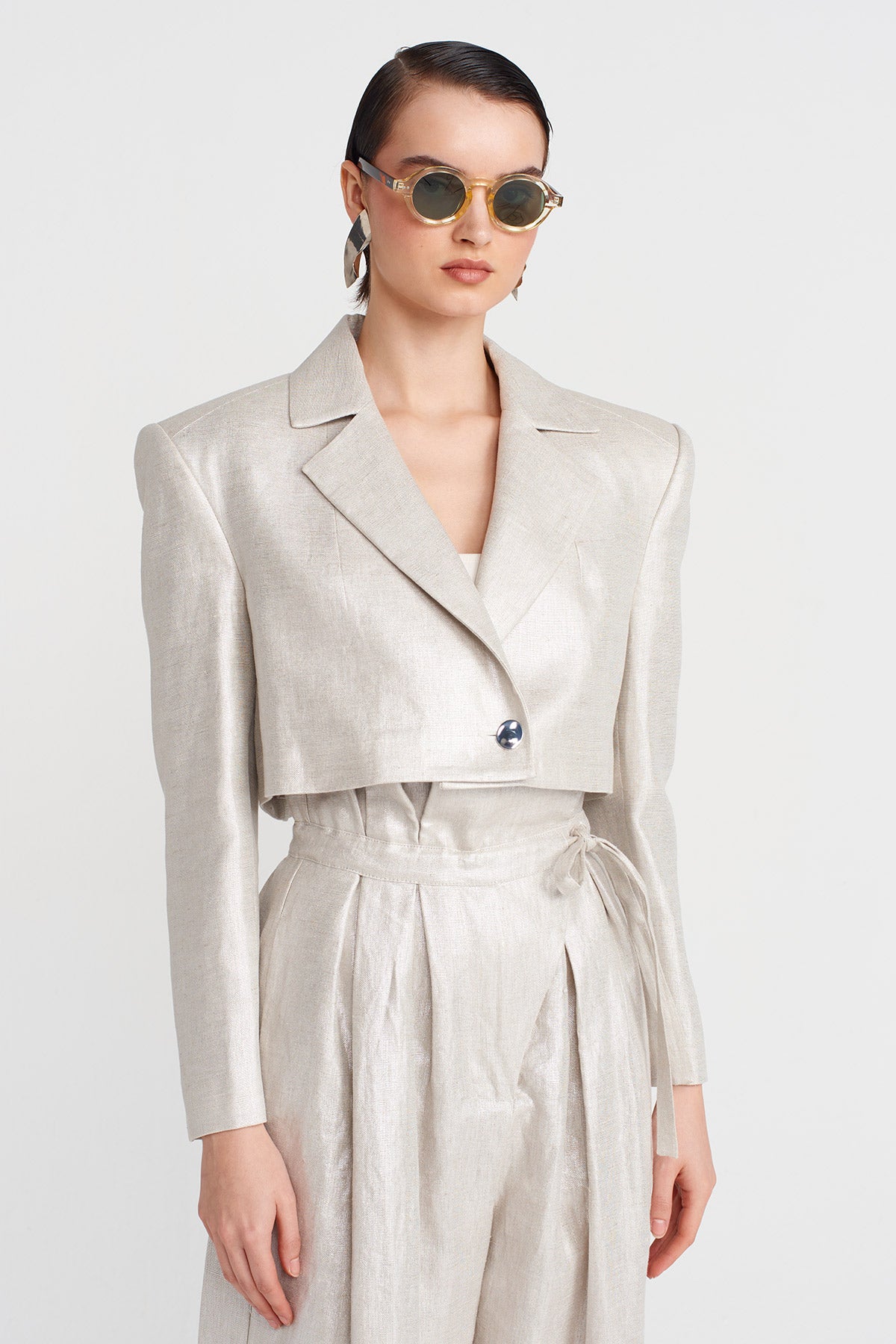 Gümüş Crop Blazer Kaplamalı Ceket-Y255015101