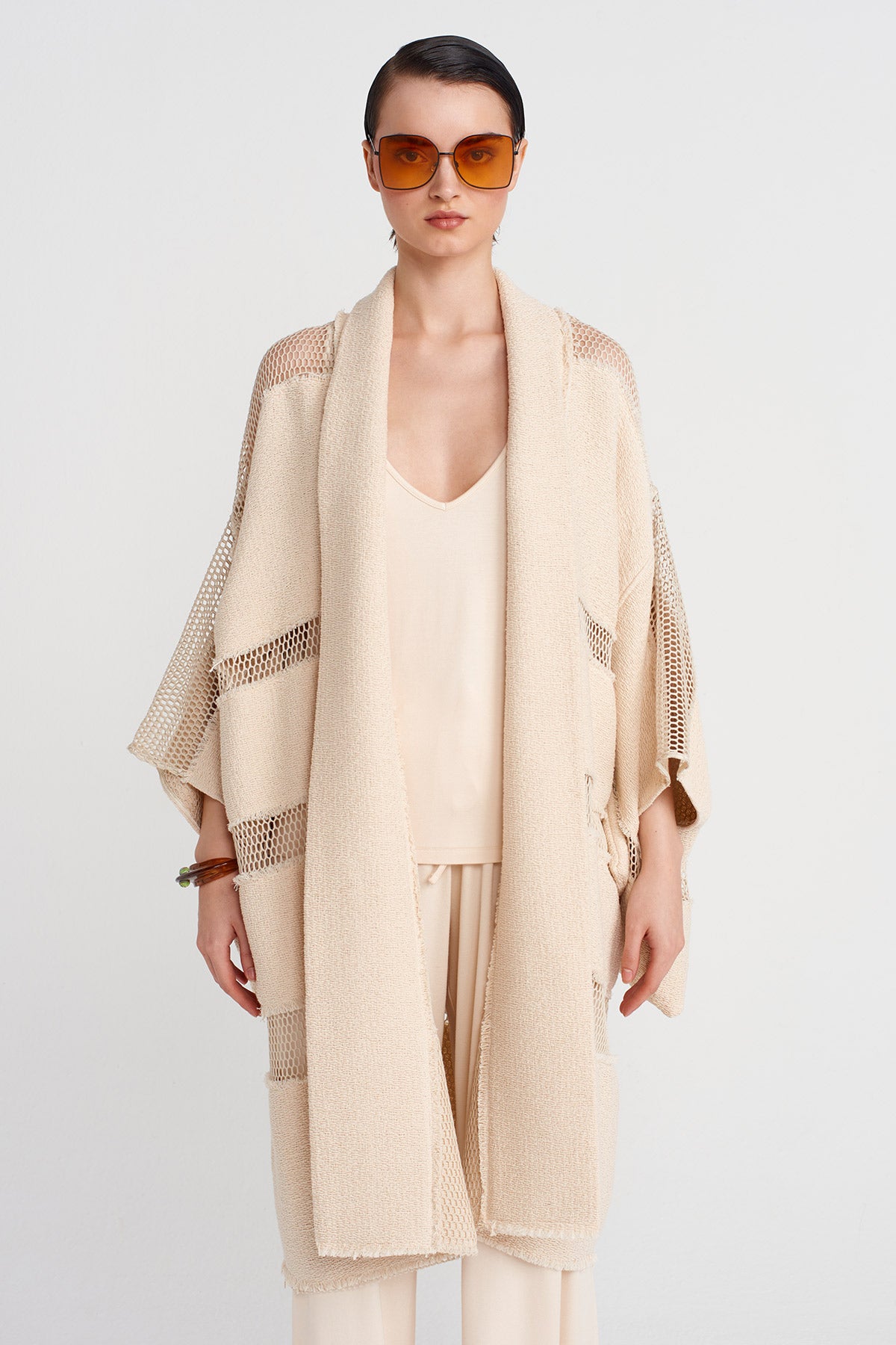 Natur File Detaylı Örme Kimono-Y255015117