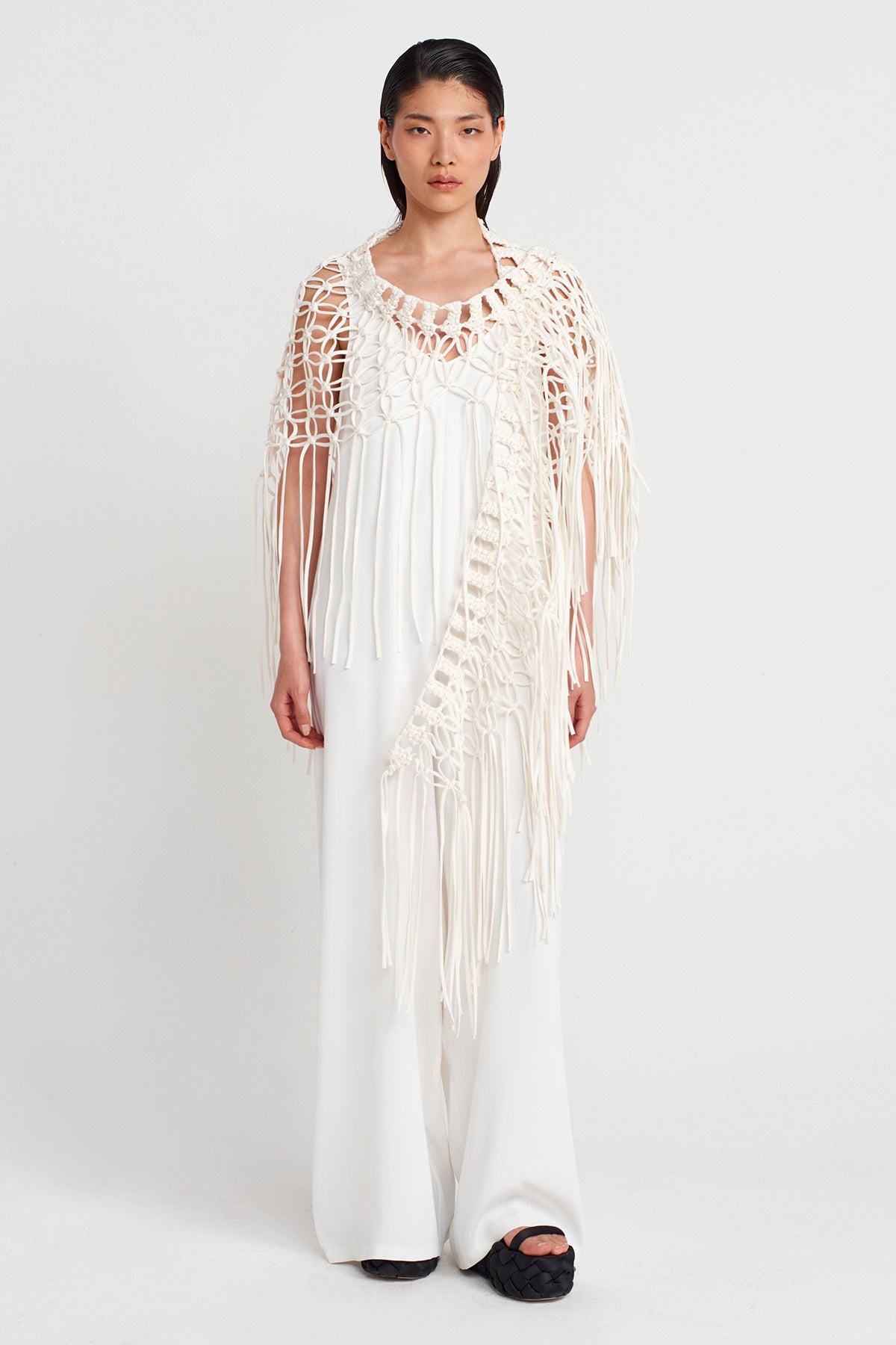 Off White Handmade Macrame Shawl-Y256016010