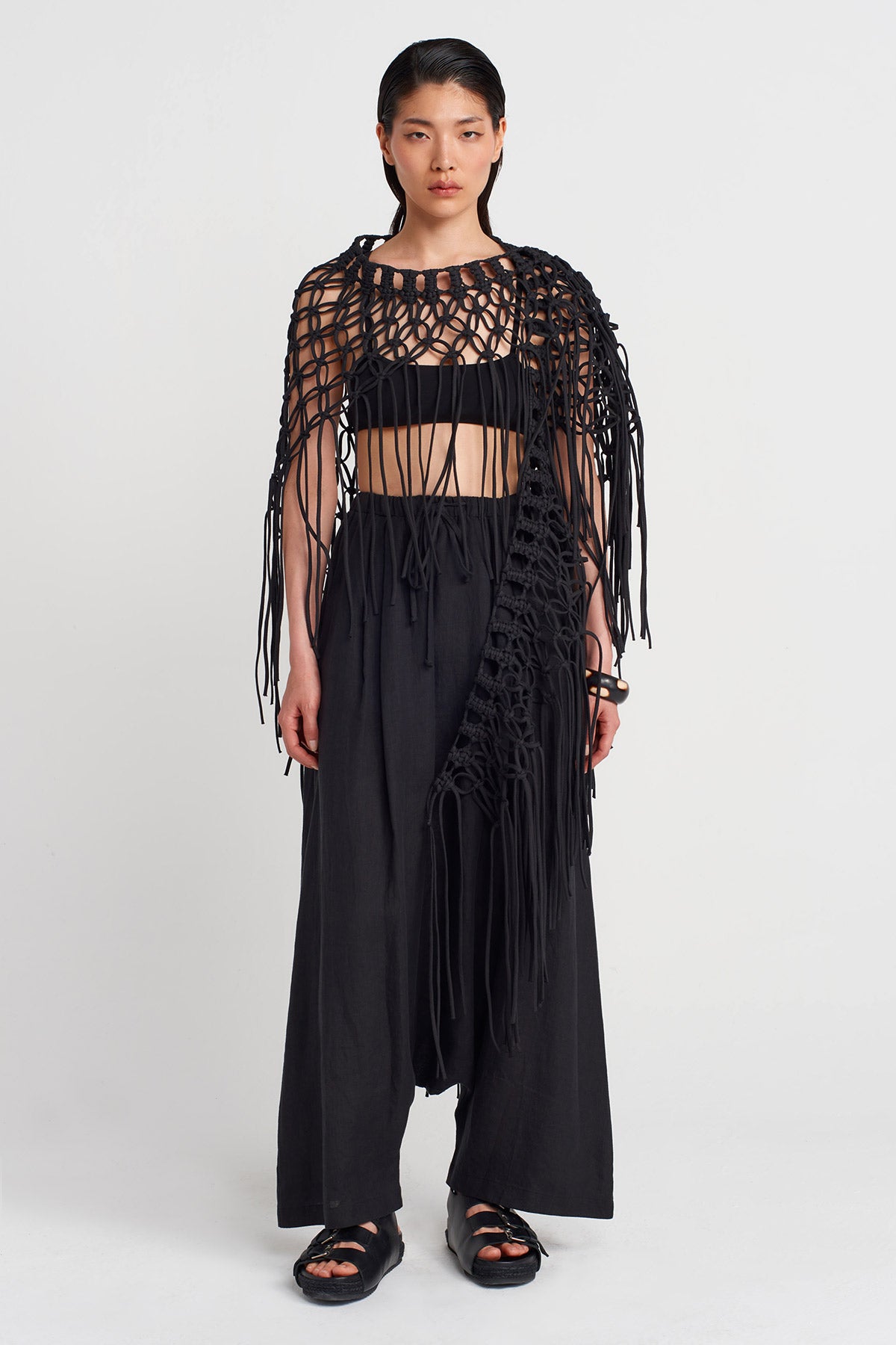 Black Handmade Macrame Shawl-Y256016010