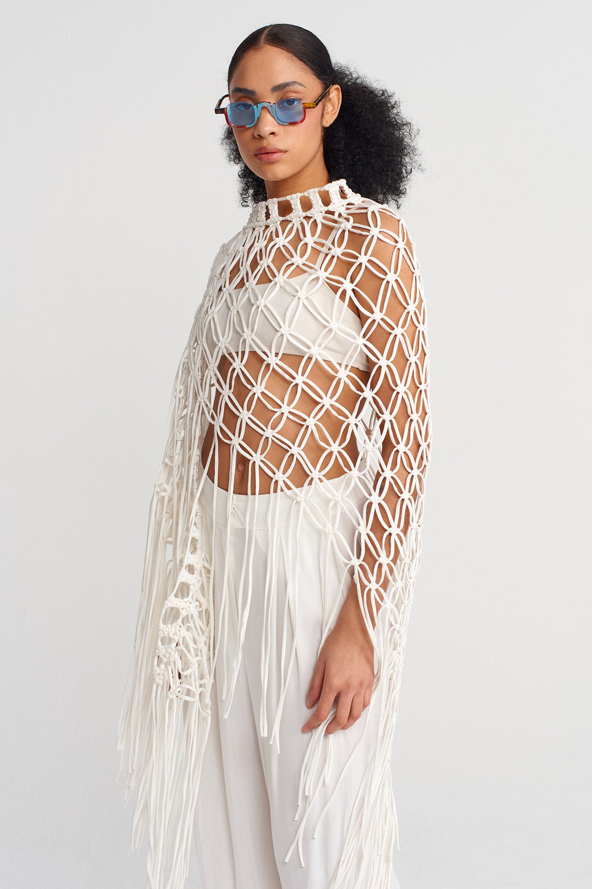 Off White Handmade Macrame Shawl-Y256016010