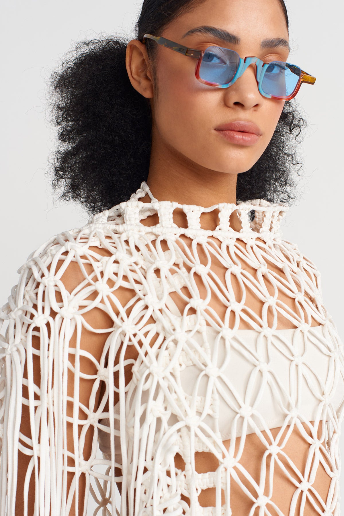 Off White Handmade Macrame Shawl-Y256016010