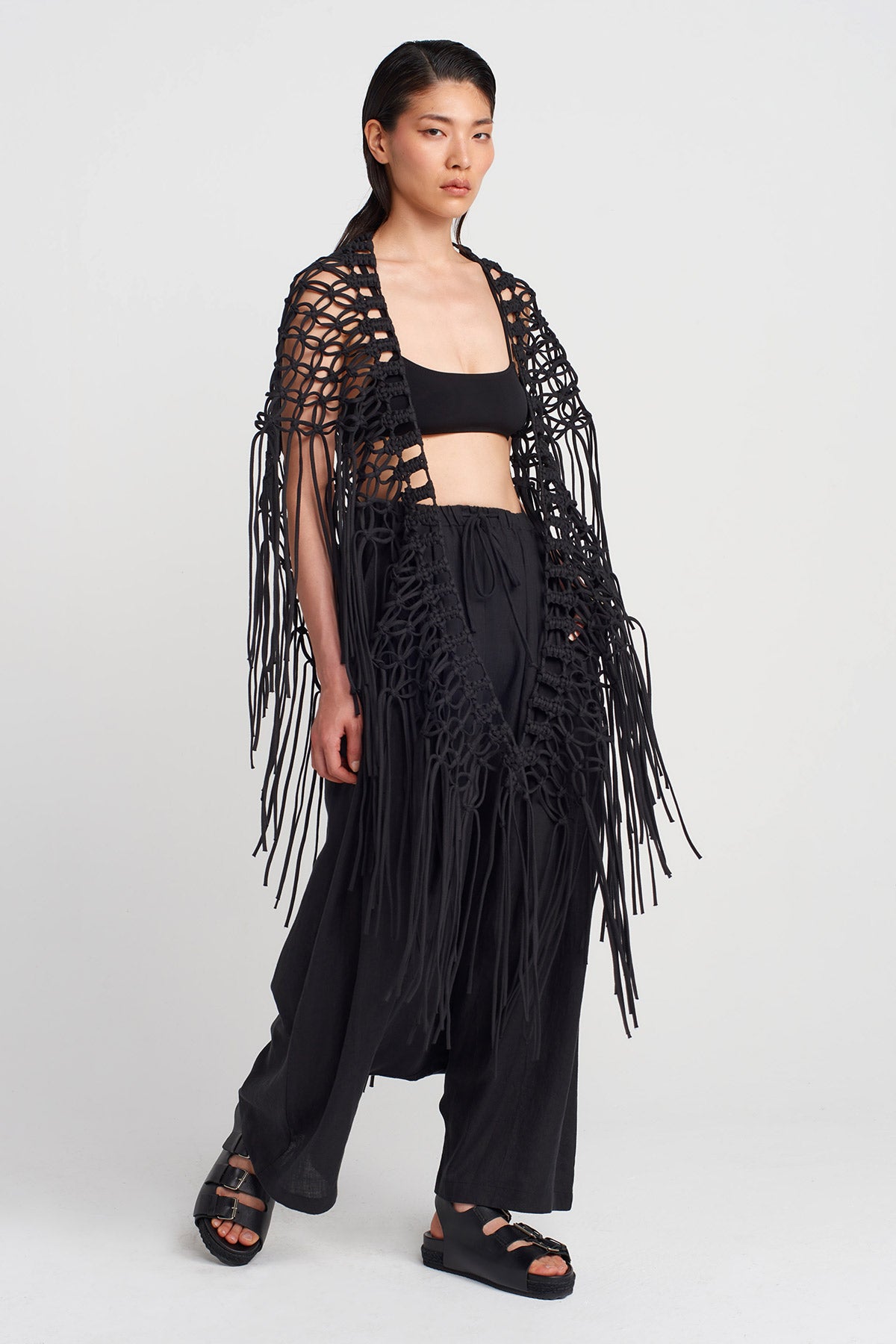 Black Handmade Macrame Shawl-Y256016010