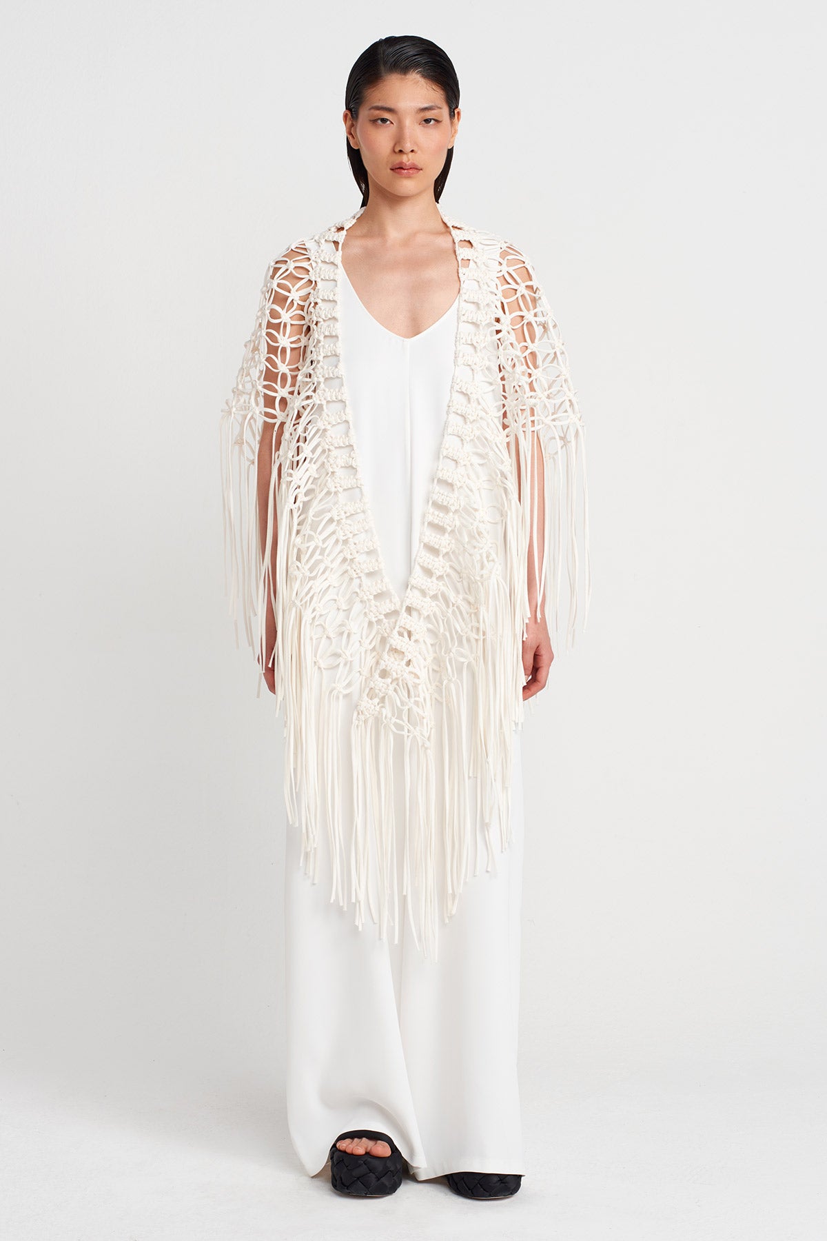 Off White Handmade Macrame Shawl-Y256016010