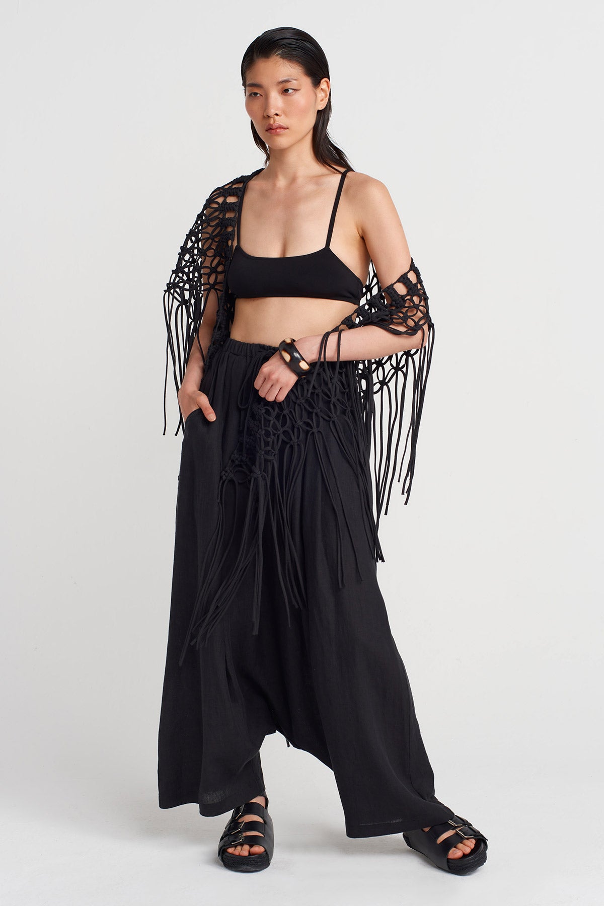 Black Handmade Macrame Shawl-Y256016010