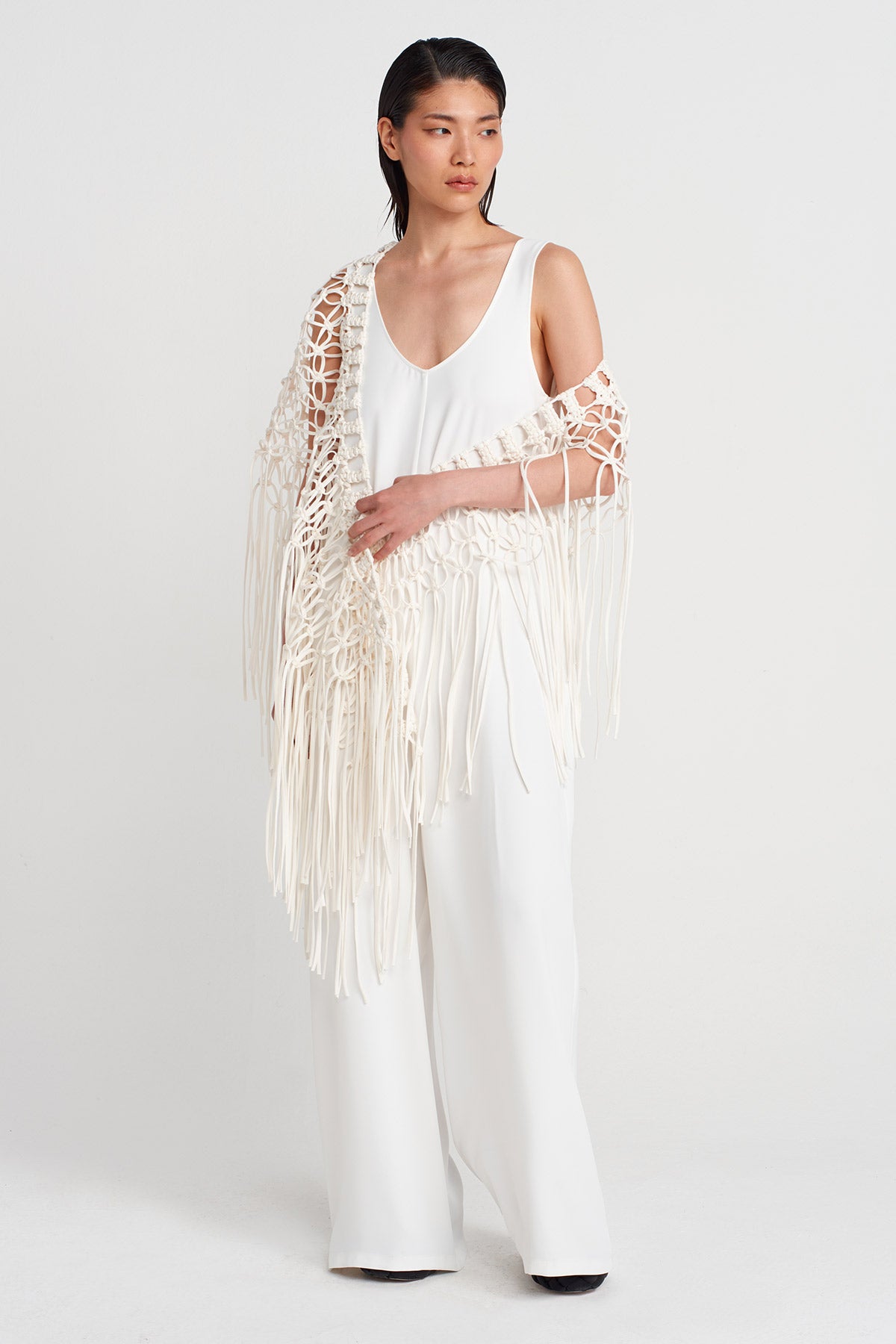 Off White Handmade Macrame Shawl-Y256016010