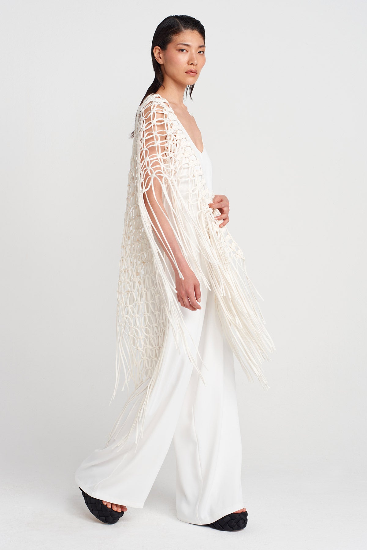 Off White Handmade Macrame Shawl-Y256016010