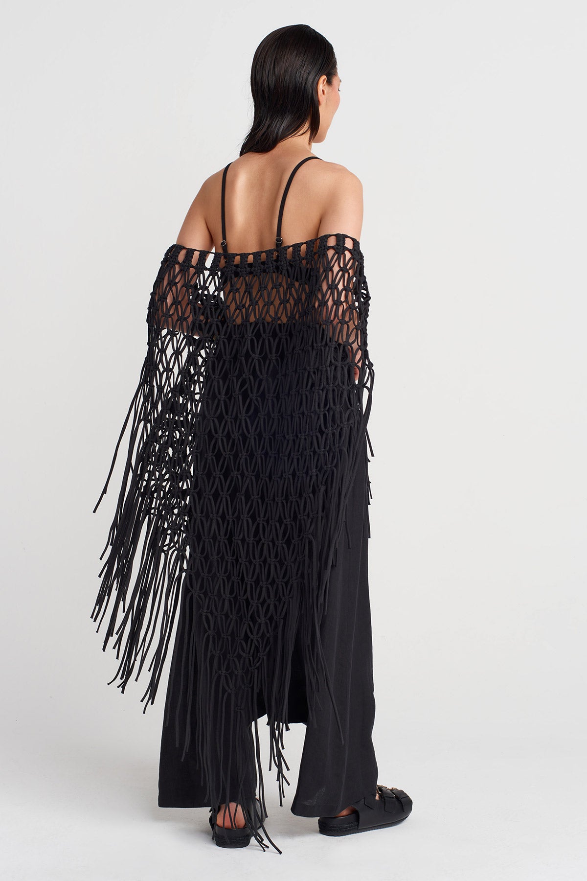 Black Handmade Macrame Shawl-Y256016010