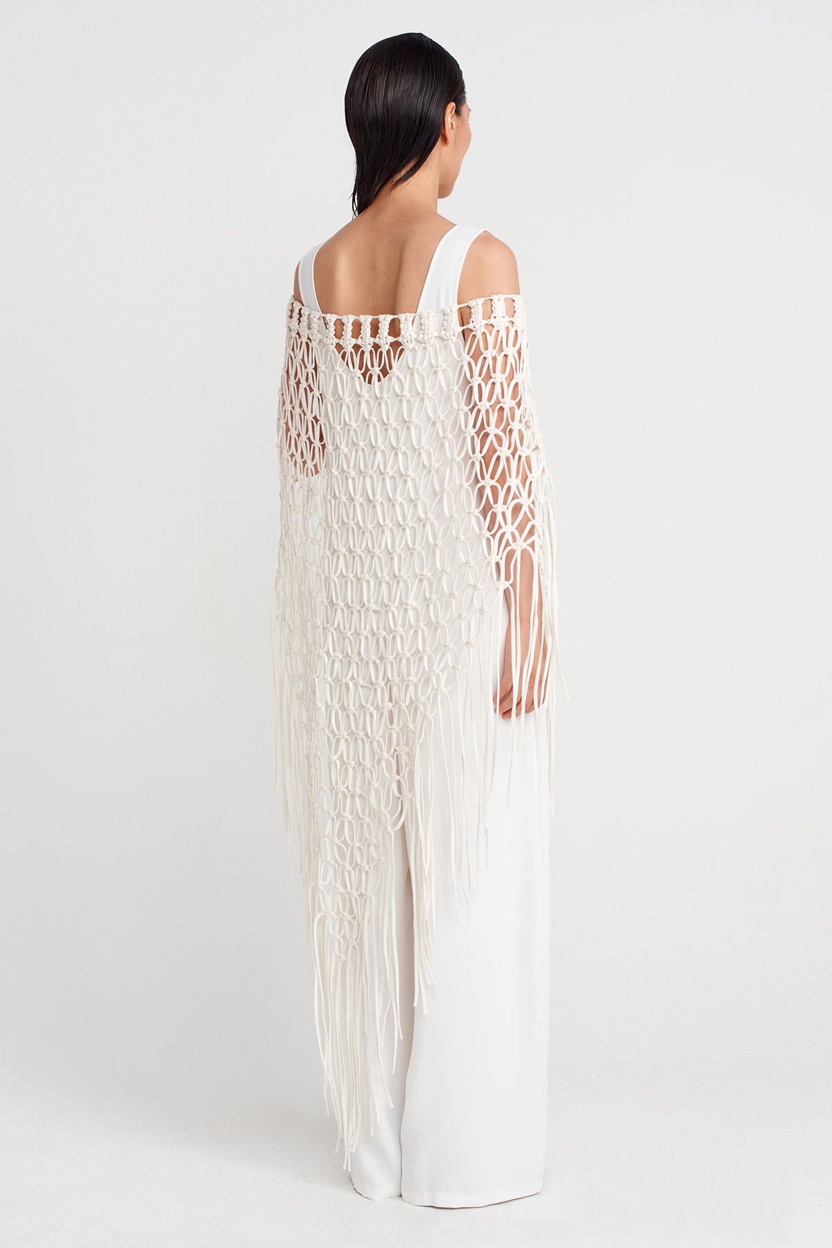 Off White Handmade Macrame Shawl-Y256016010
