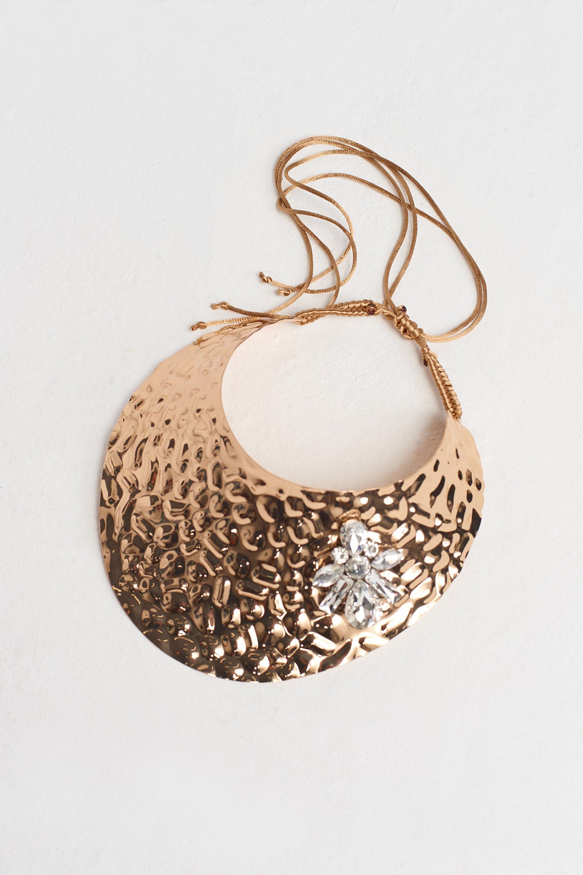 Gold Hammered Brass, Stone Detailed Necklace-Y259019004
