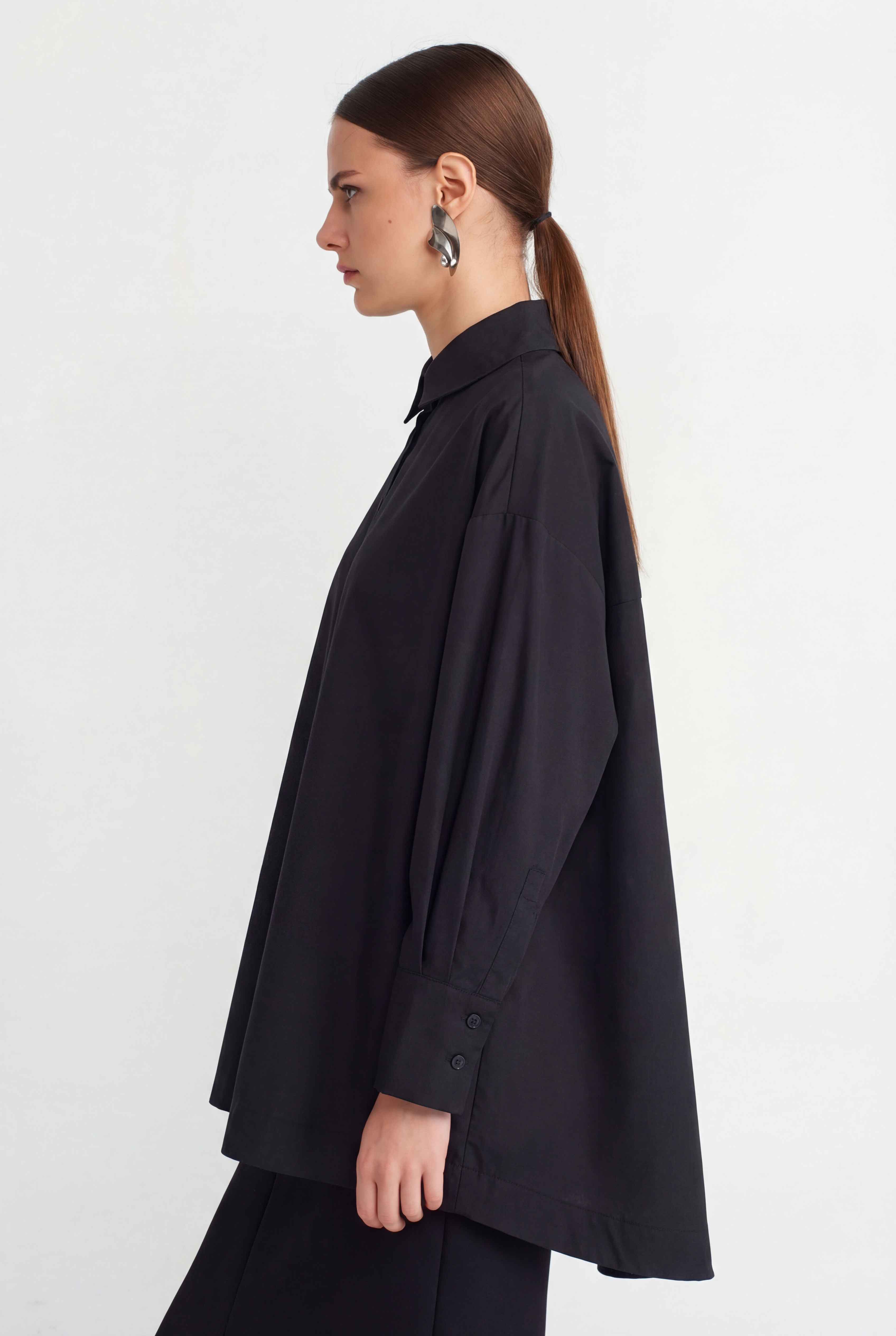 Siyah Oversize Poplin Gömlek-Y261011038
