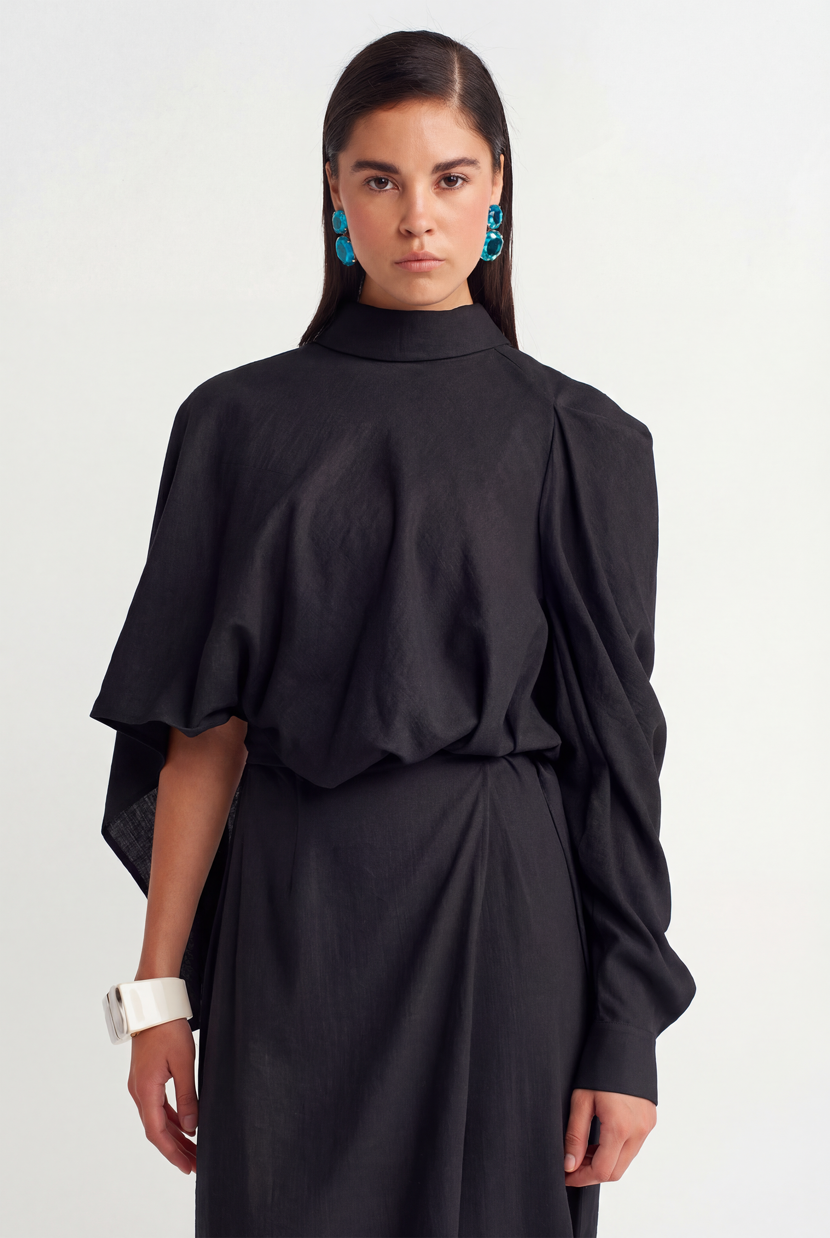 Black Asymmetrical Draped Midi Dress - Y264014011