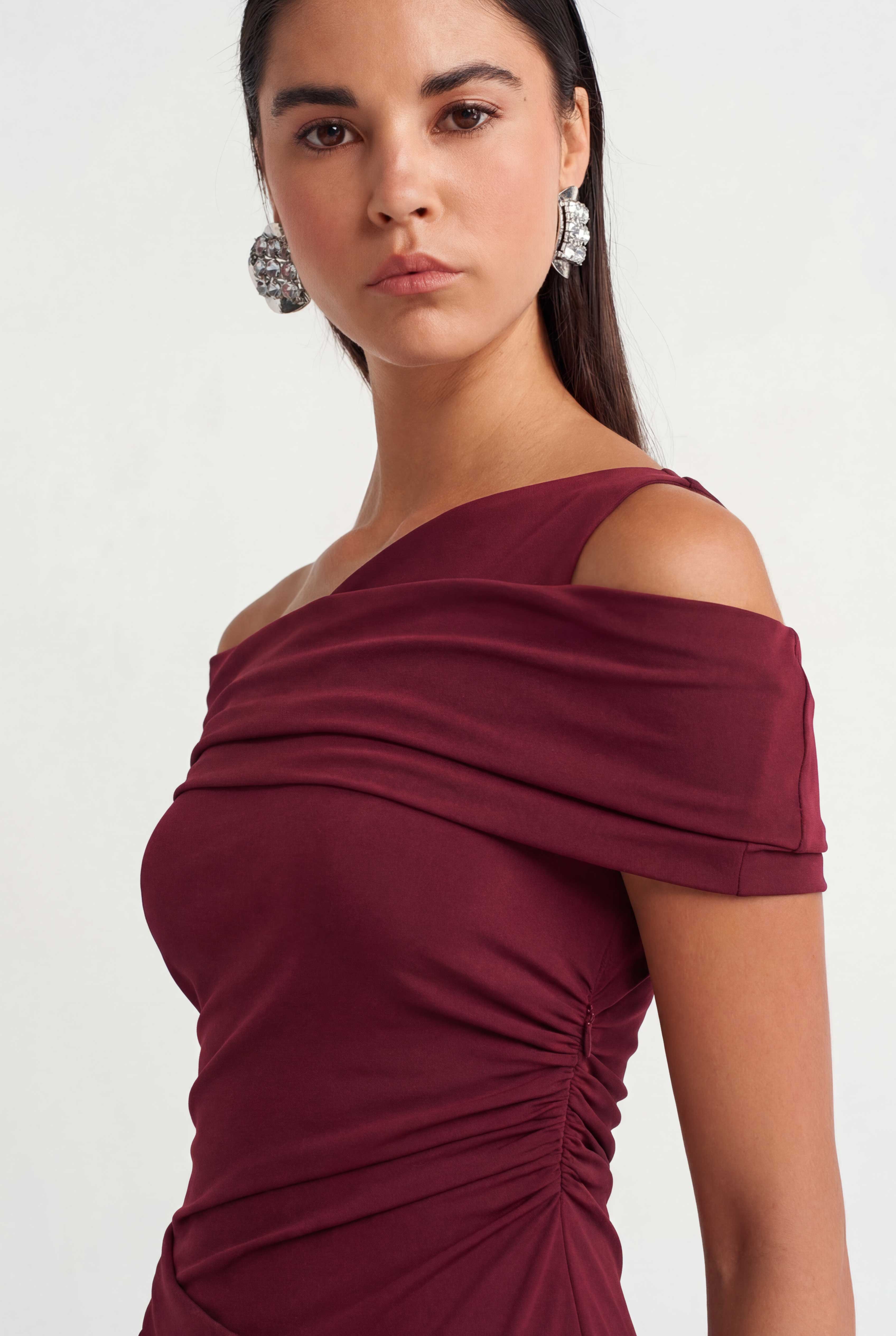 Plum Asymmetrical Draped Jersey Dress - Y264014013