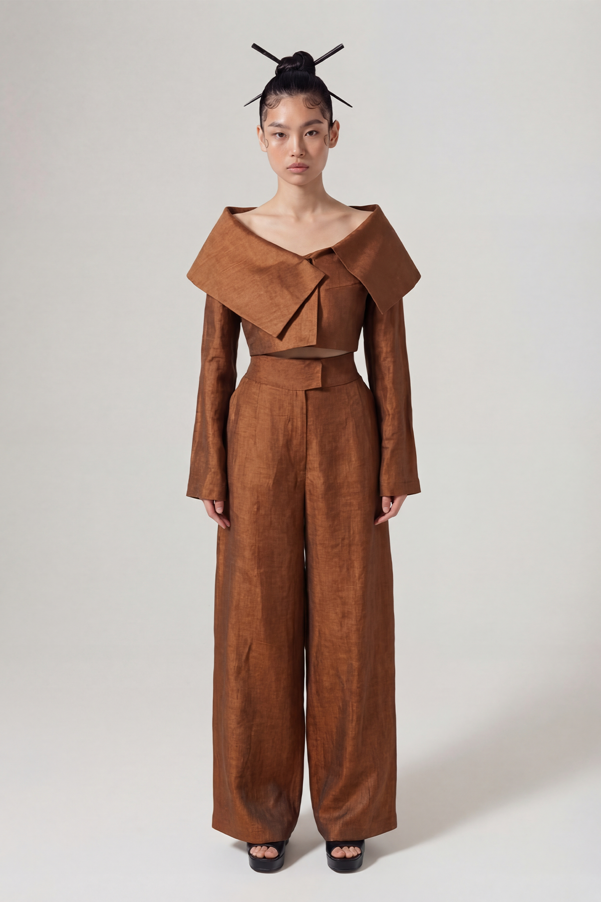 Bronz Büyük Yakalı Crop Ceket-Y265015030