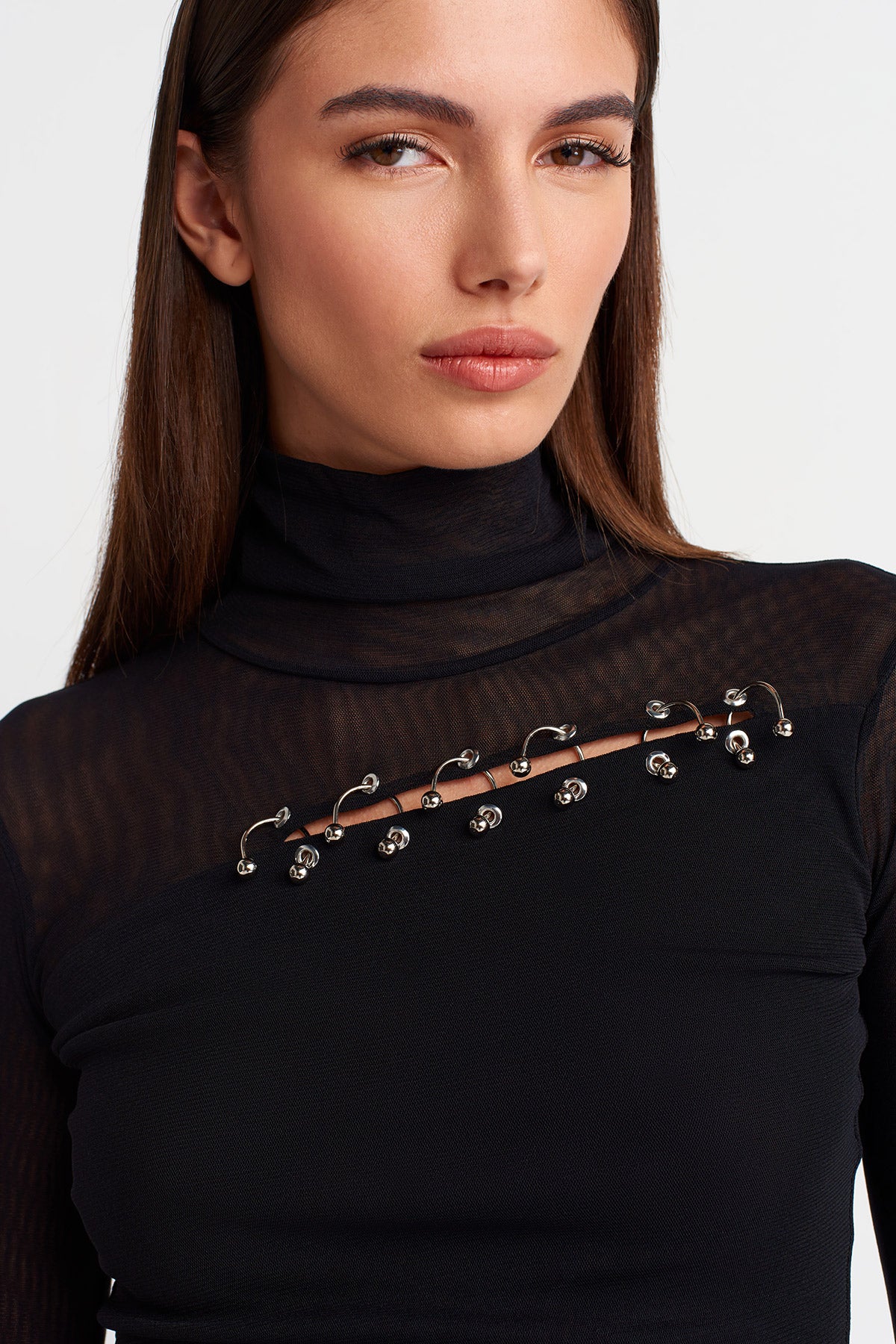 Black Transparent Tulle Bodysuit with Piercing Detail - Y261011035