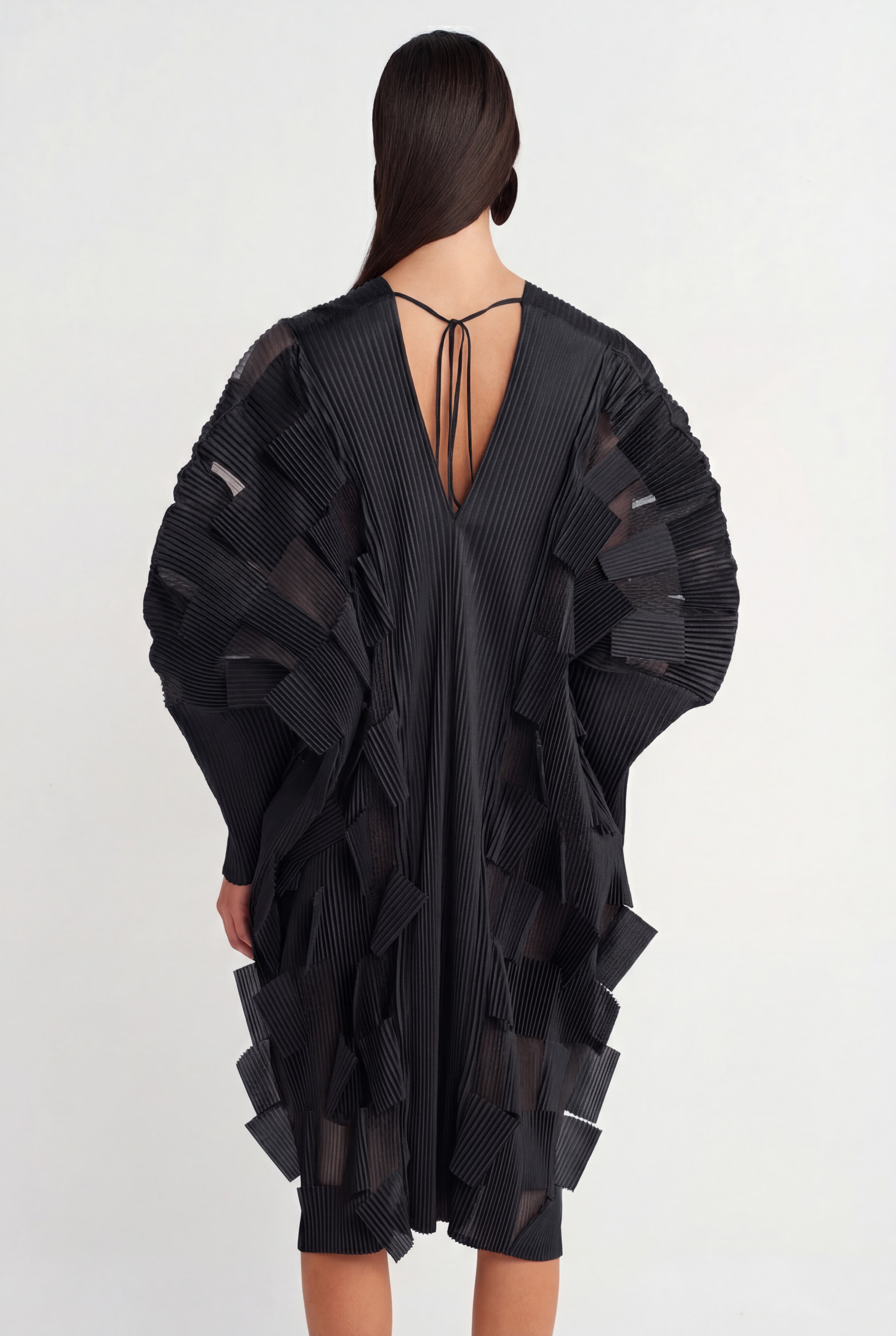 Siyah Parçalı Plise Elbise-Y264014010