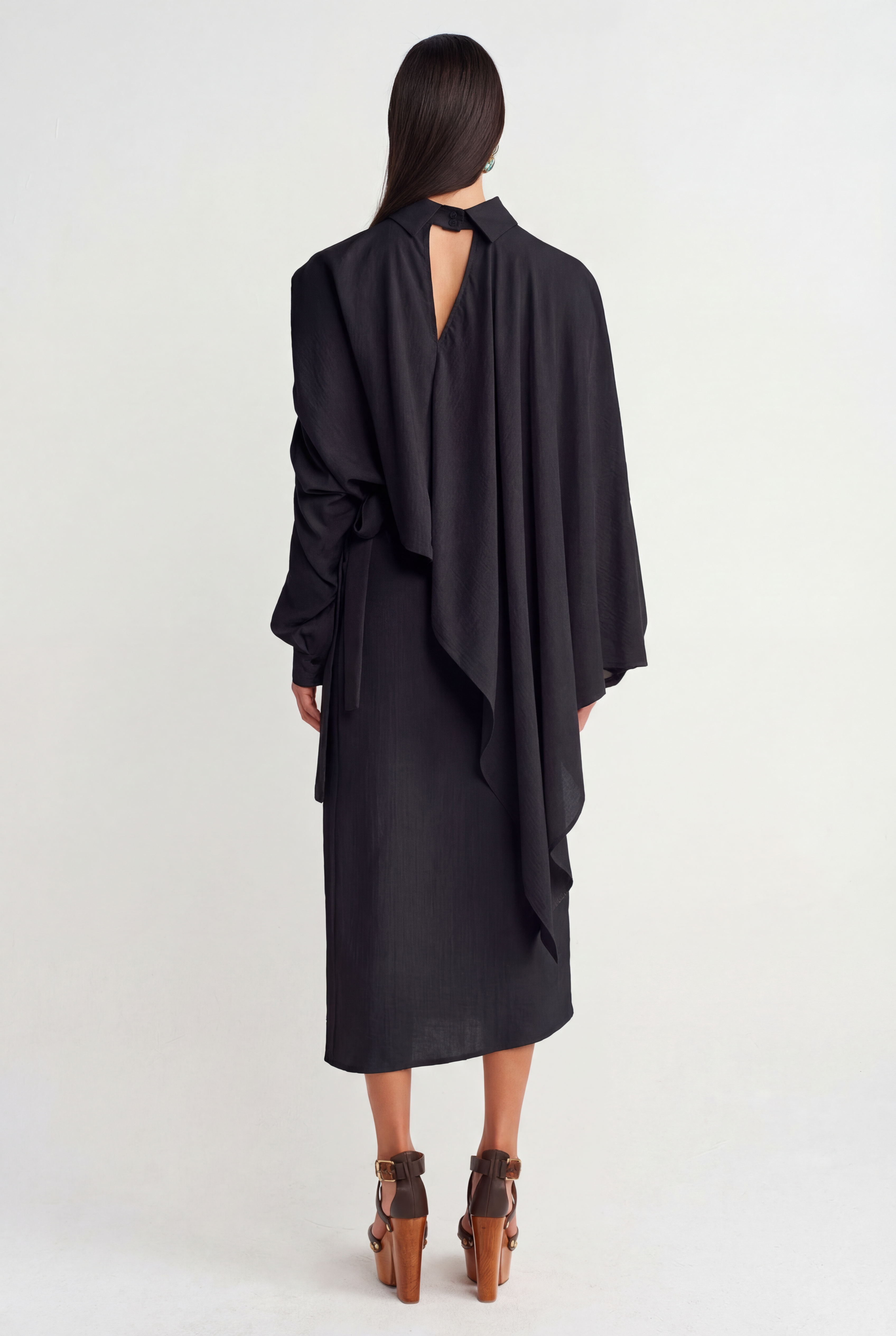 Black Asymmetrical Draped Midi Dress - Y264014011