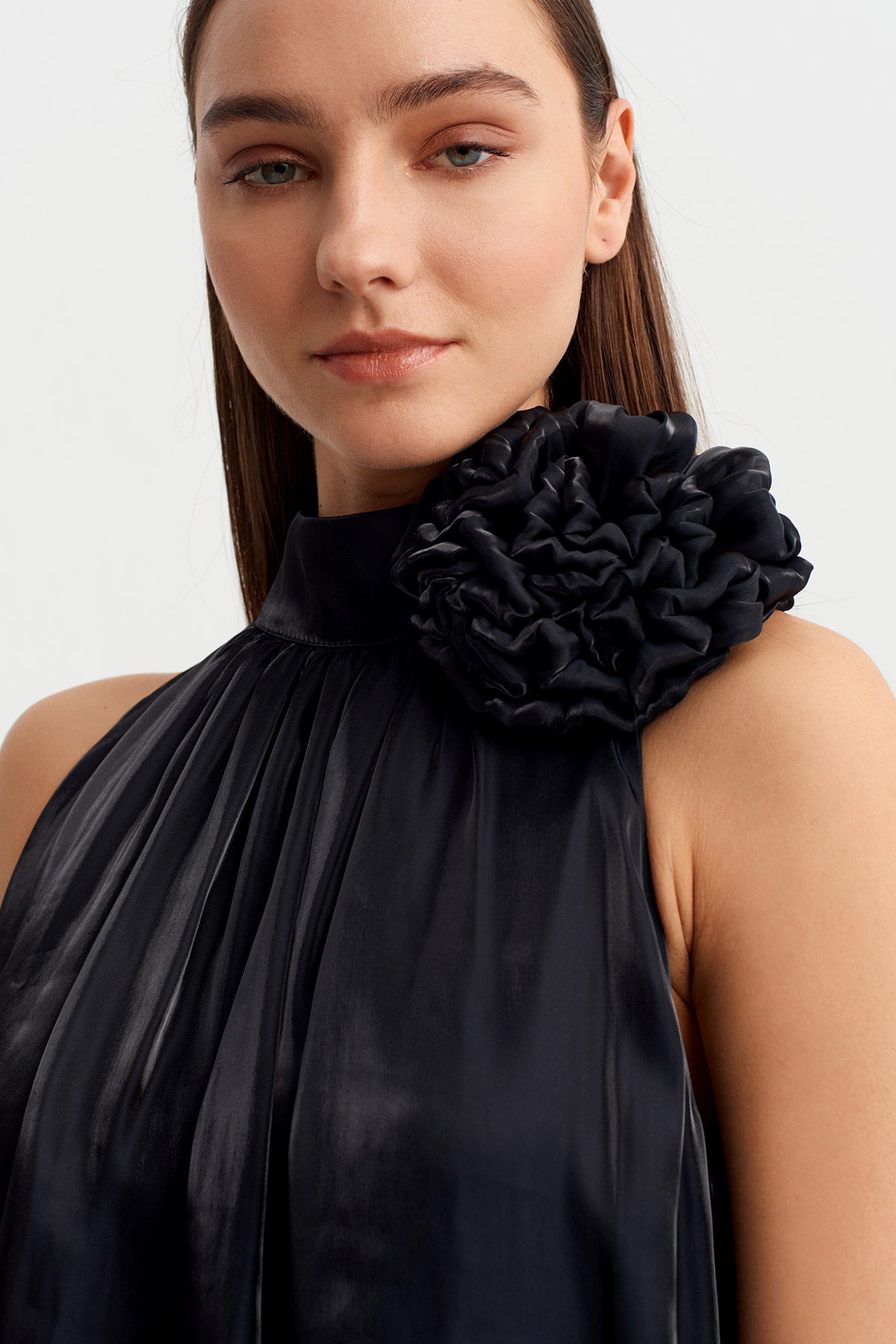 Black Satin Dress with Floral Collar Detail - Y264014019