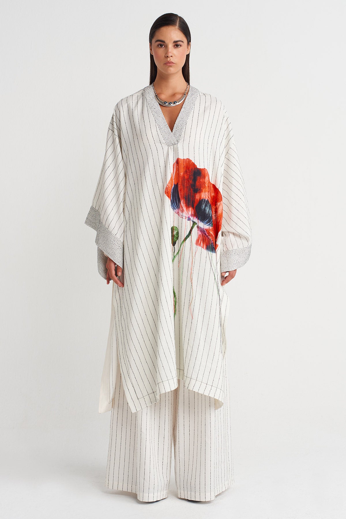 Çizgili Oversize Gelincik Kaftan-Y264014024