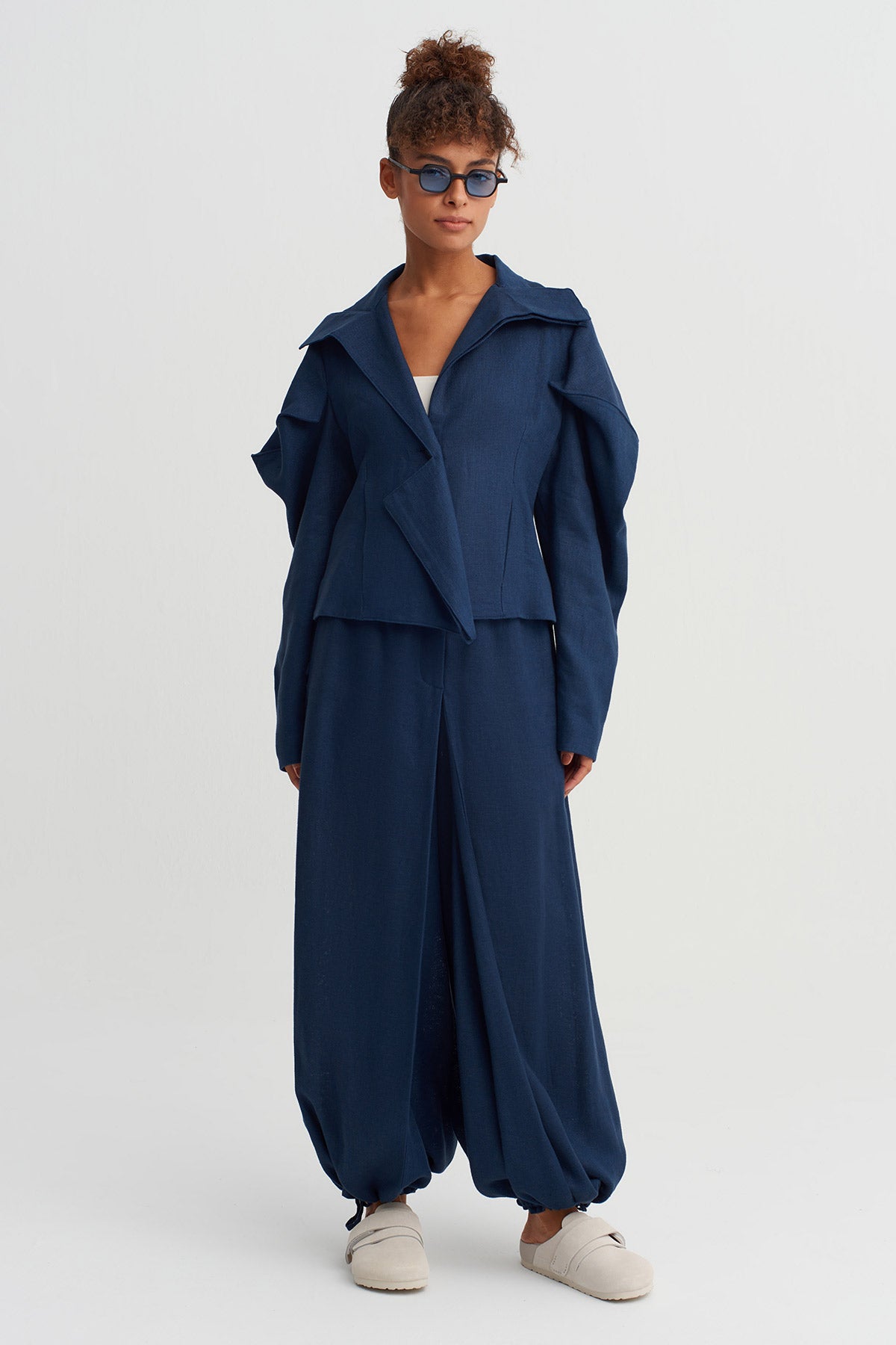 Indigo Keten Mimari Formlu Ceket-Y265015055